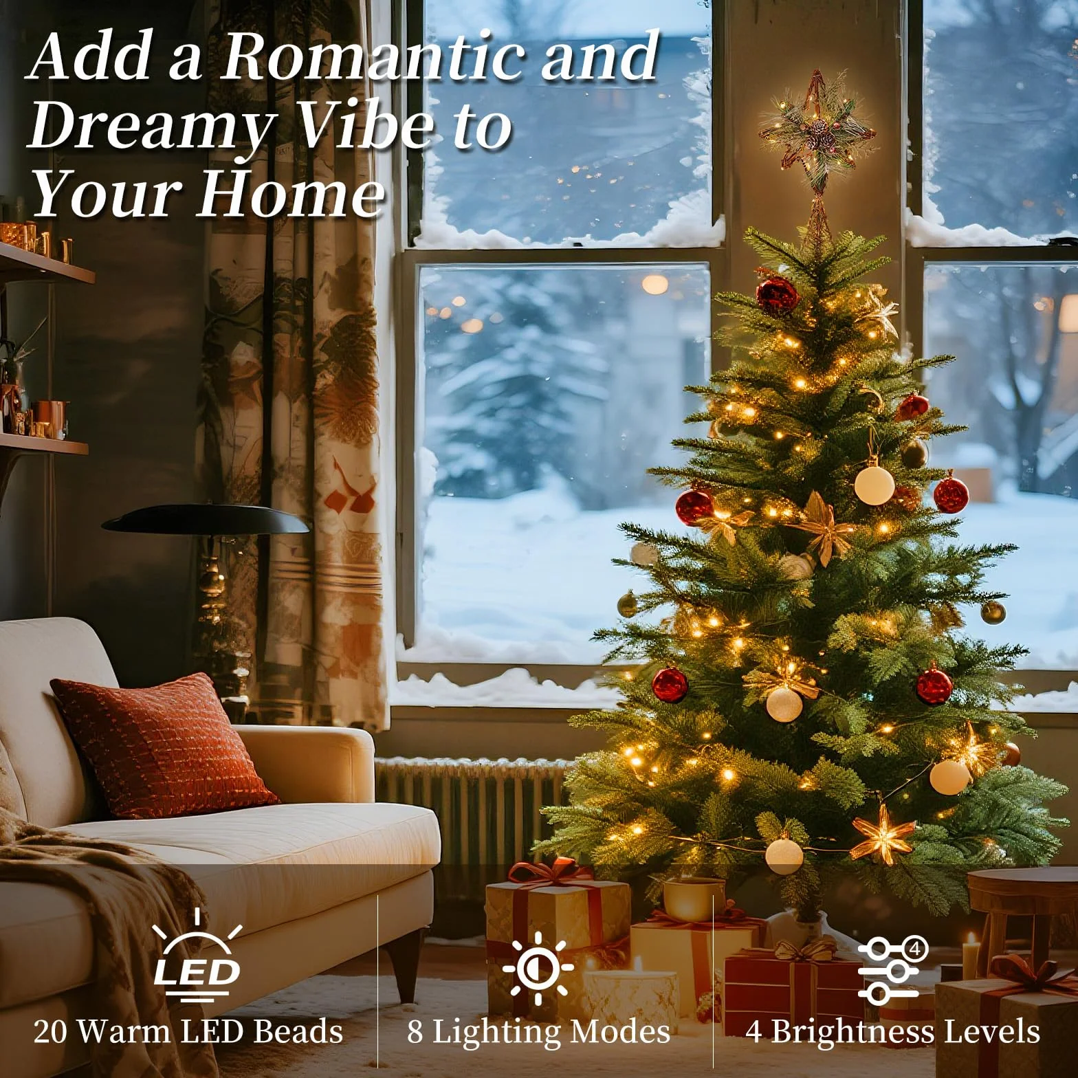 Lewondr Corona De Árbol De Navidad, 13,19" 20 LED Estrella De Navidad Ratán Rústica con Piña Y Hojas, Temporizador 6H, 8 Modos De Luz, USB Y Control Remoto Estrella Corona Árbol, Marrón