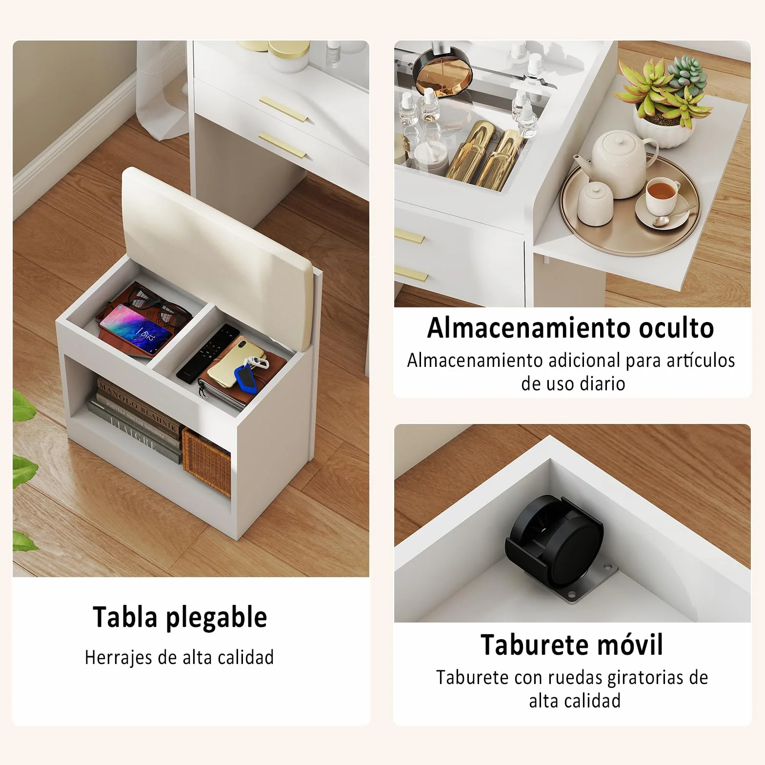 YU YUSING Tocador 3 en 1 con Espejo Abatible, Tocador con Taburete