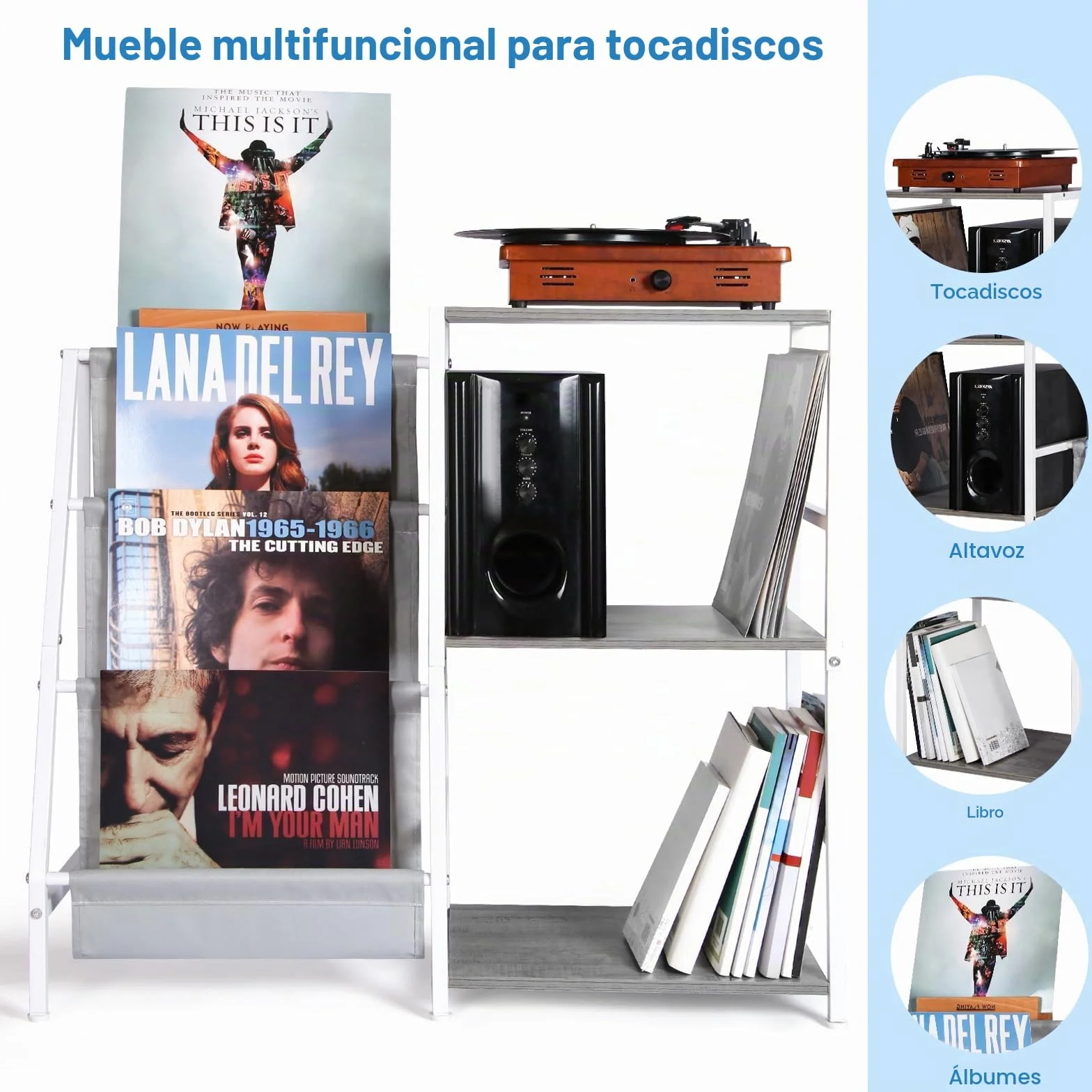 Mueble Tocadiscos con Soporte Vinilos de 3 Niveles, Mesa Reproductor Vinilo, Gris y Blanco