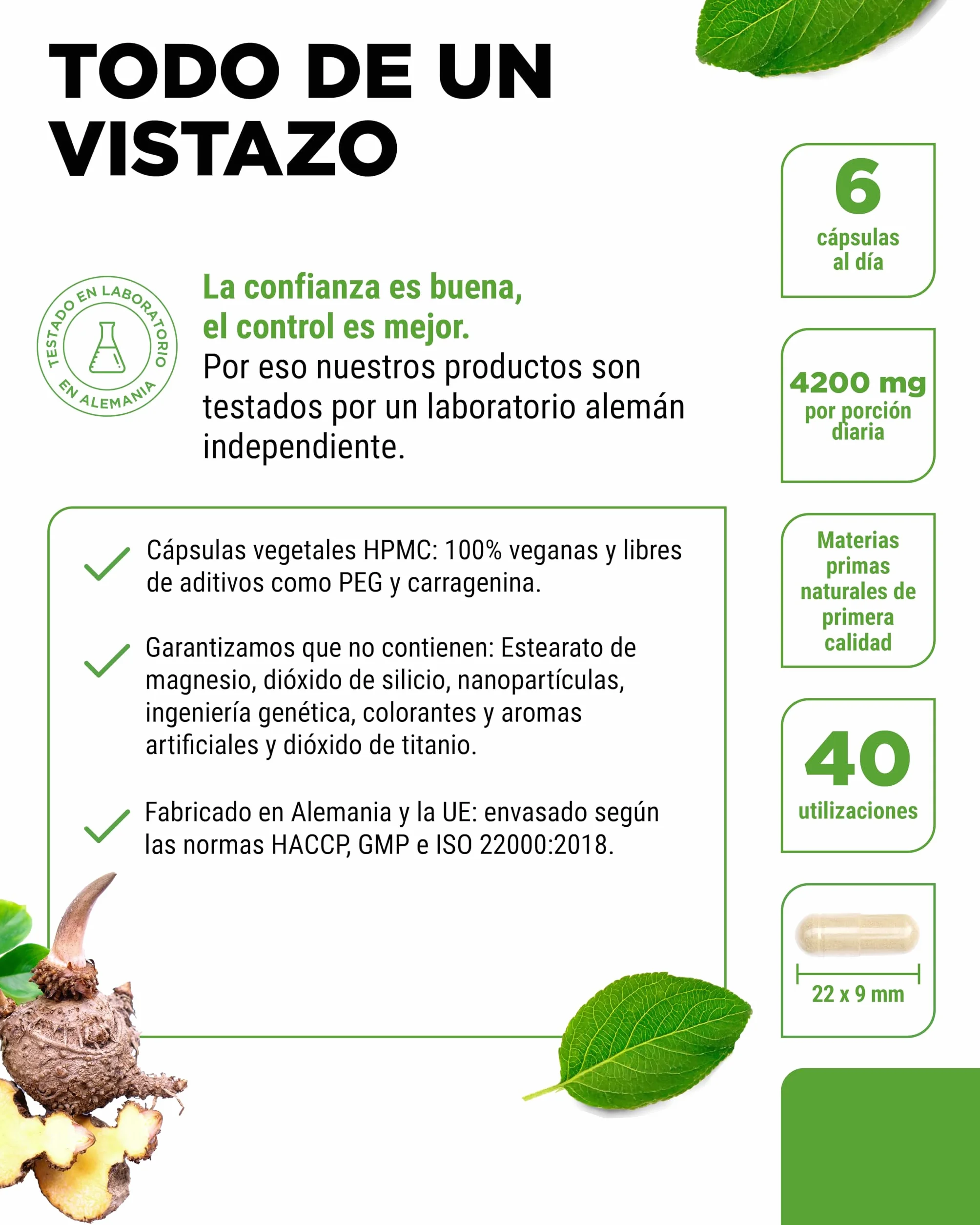 Glucomanano de la raíz de konjac 240 cápsulas 4200 mg por porción diaria con cromo Vegano