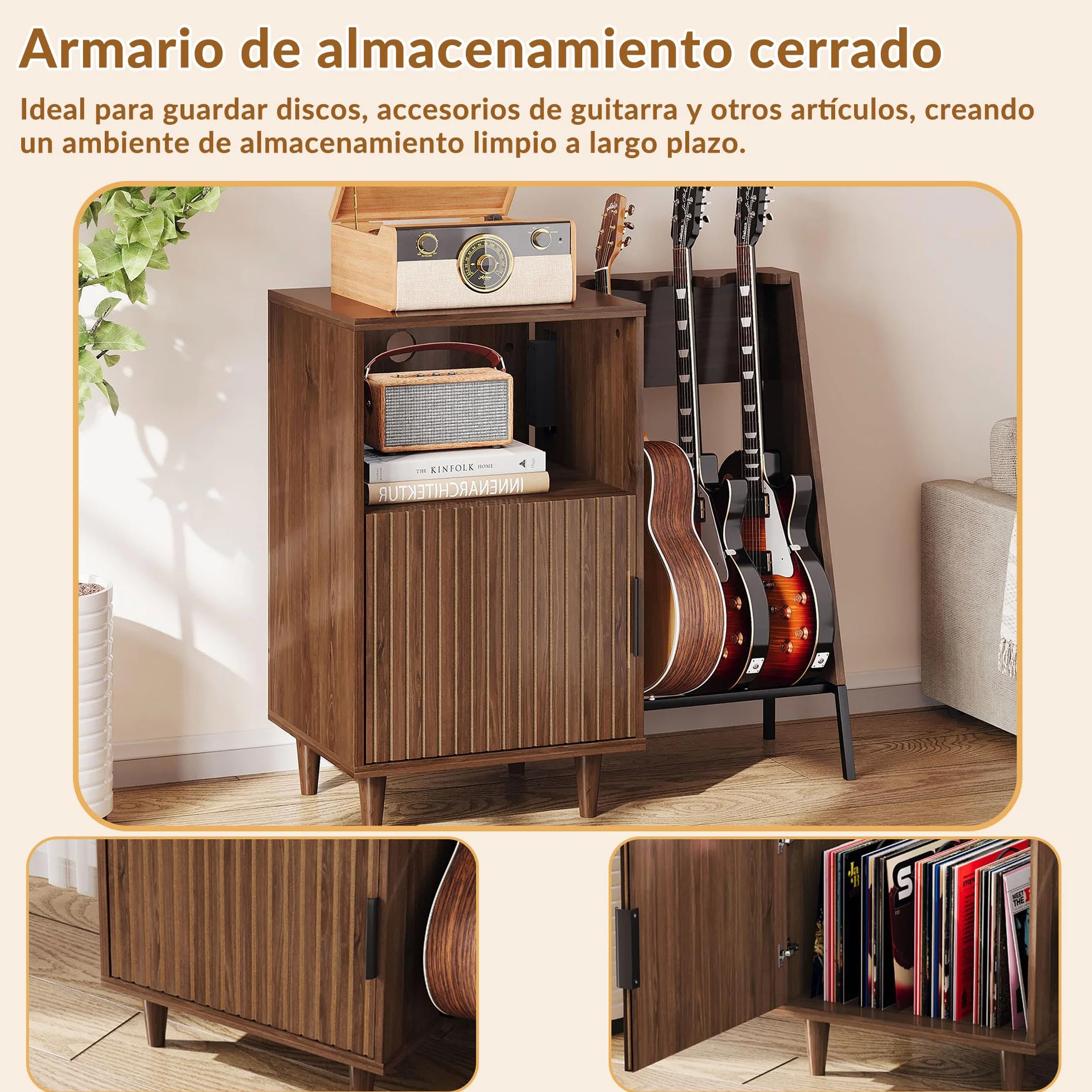 Mueble para Tocadiscos y Vinilos de Madera Vintage Mid-Century con Soporte para 3 Guitarras