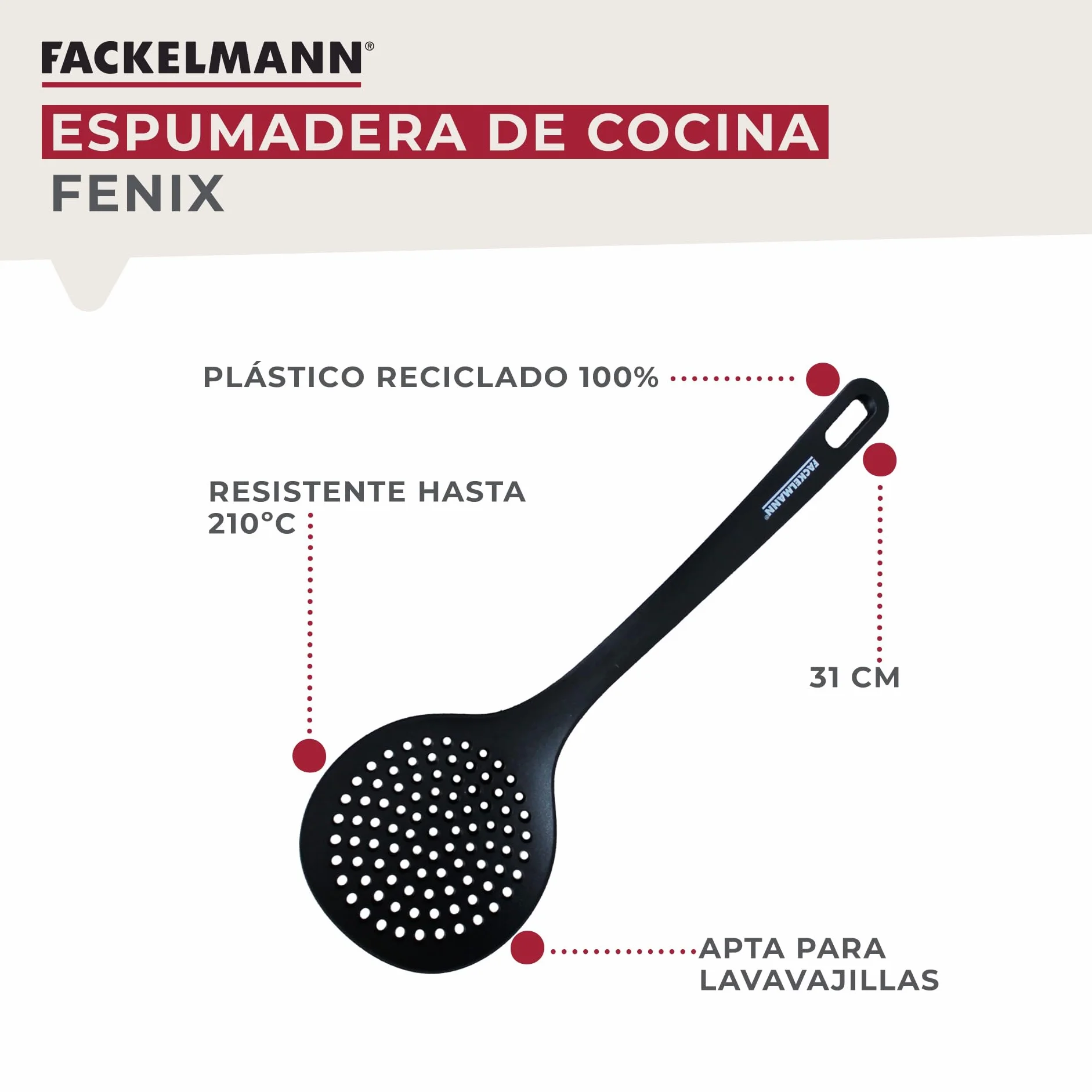 Fackelmann Espumadera de Cocina RPET Reciclado 210ºC Negro 31x8 cm