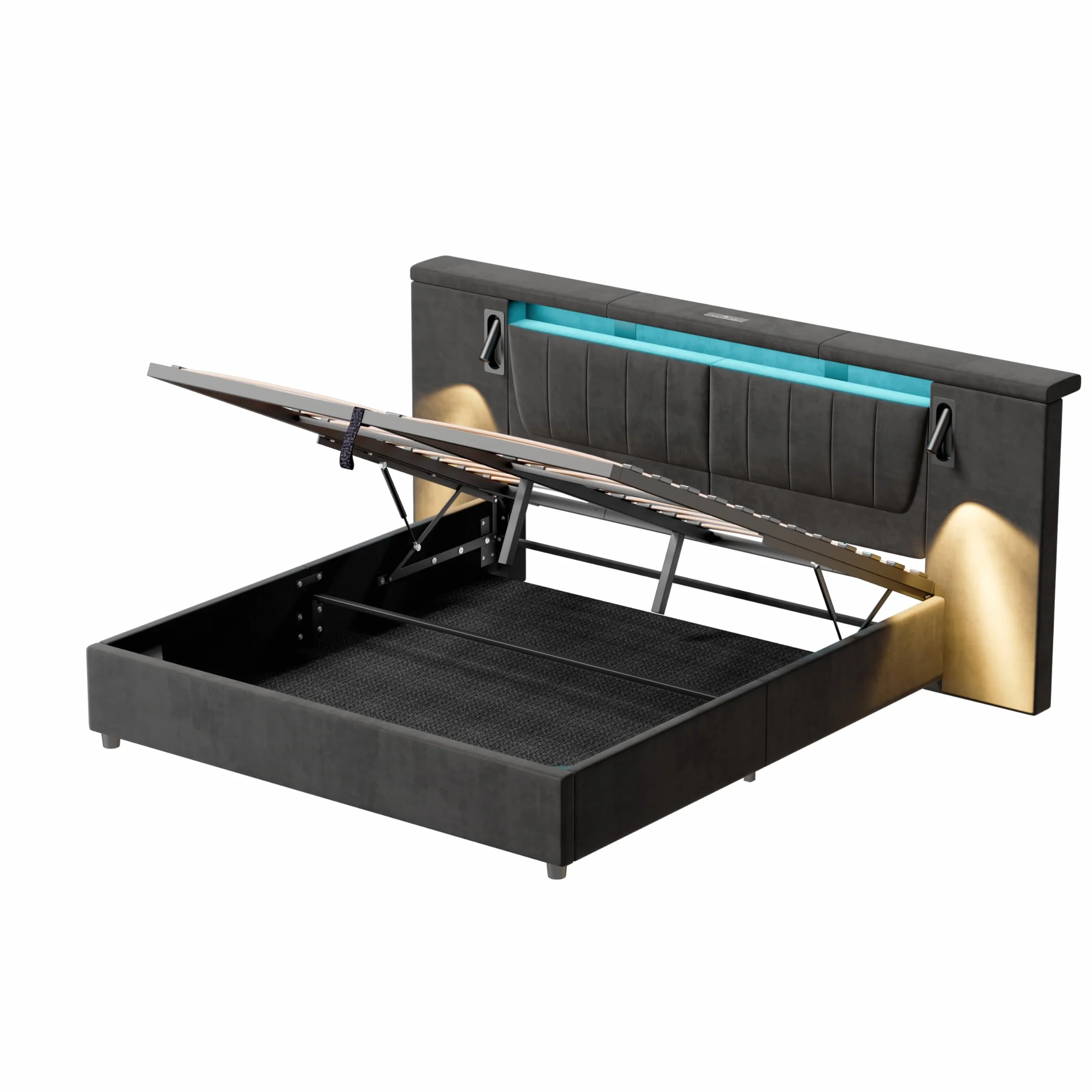 Cama 180x200 con LED y USB, Camas Matrimoniales con Almacenaje, Cama Matrimonio con lámpara de Lectura, Cama Canape con Cabecero, Estructura Cama Doble con Somier, Sin Colchón,Terciopelo (Gris)