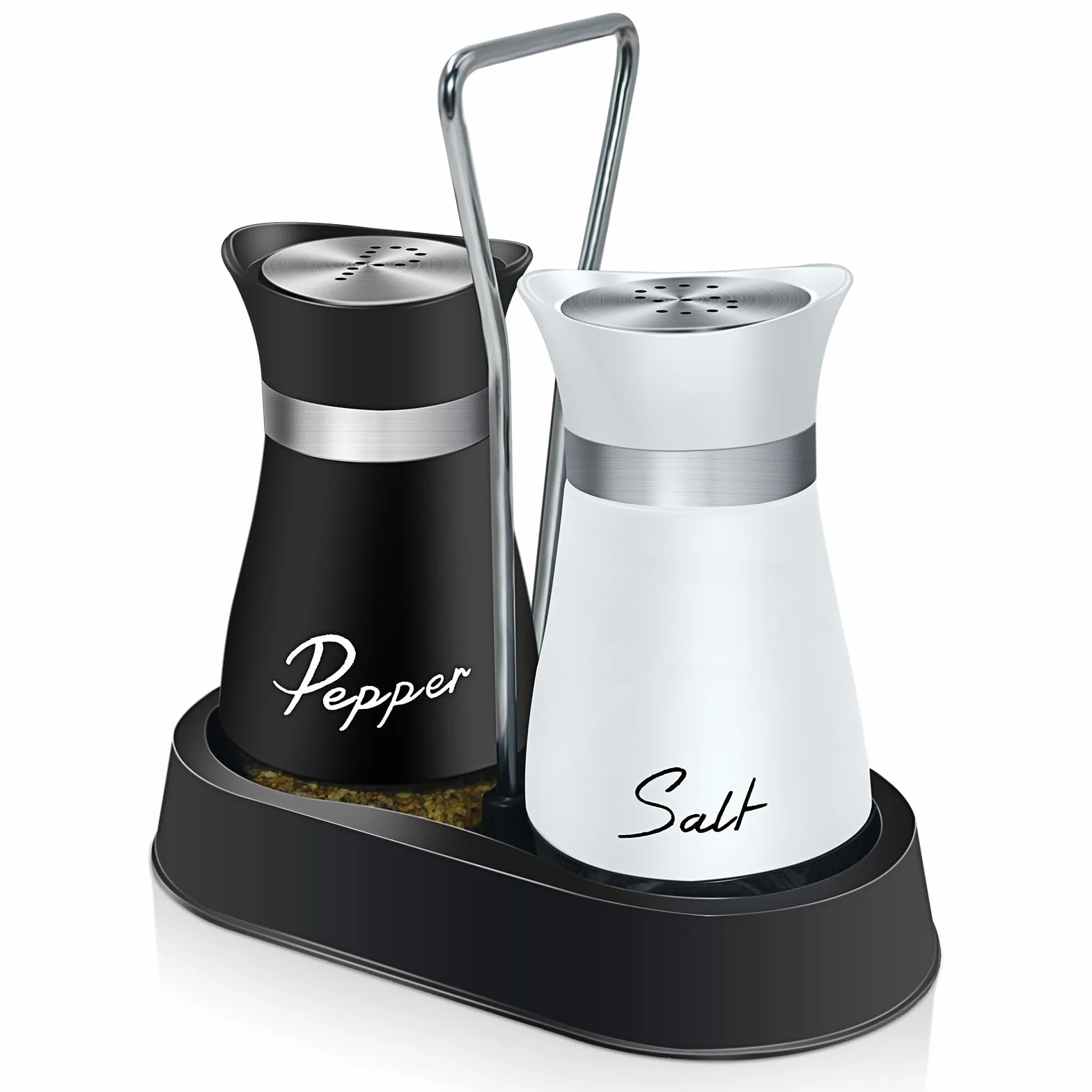 Juego de Salero y Pimentero de Vidrio Negro y Blanco con Bandeja, Acero Inoxidable, Set para Cocina