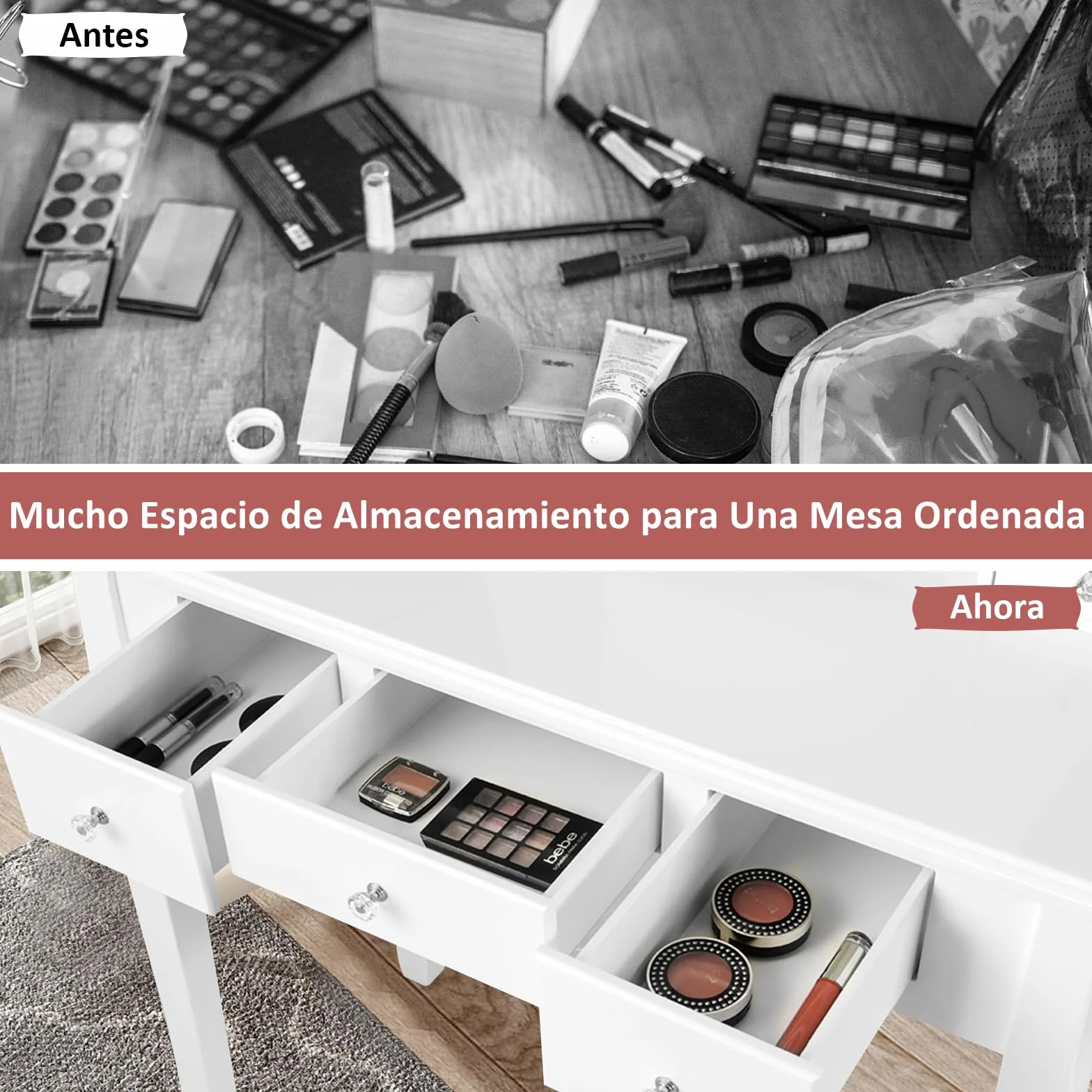 RELAX4LIFE Tocador de Maquillaje con Espejo Extraíble y Giratorio 360° y 10 Luces LED Regulables, Tocador Maquillaje con Taburete Acolchado, 5 Cajones, 3 Compartimentos y 2 Estantes (Blanco)