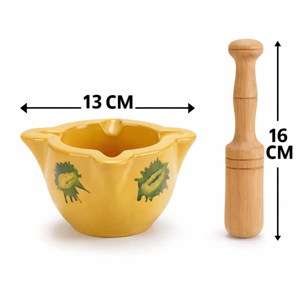 Mortero rustico de Cerámica Amarillo 13cm con Mano de Madera 16cm, Diseño Tradicional con Decoración Verde