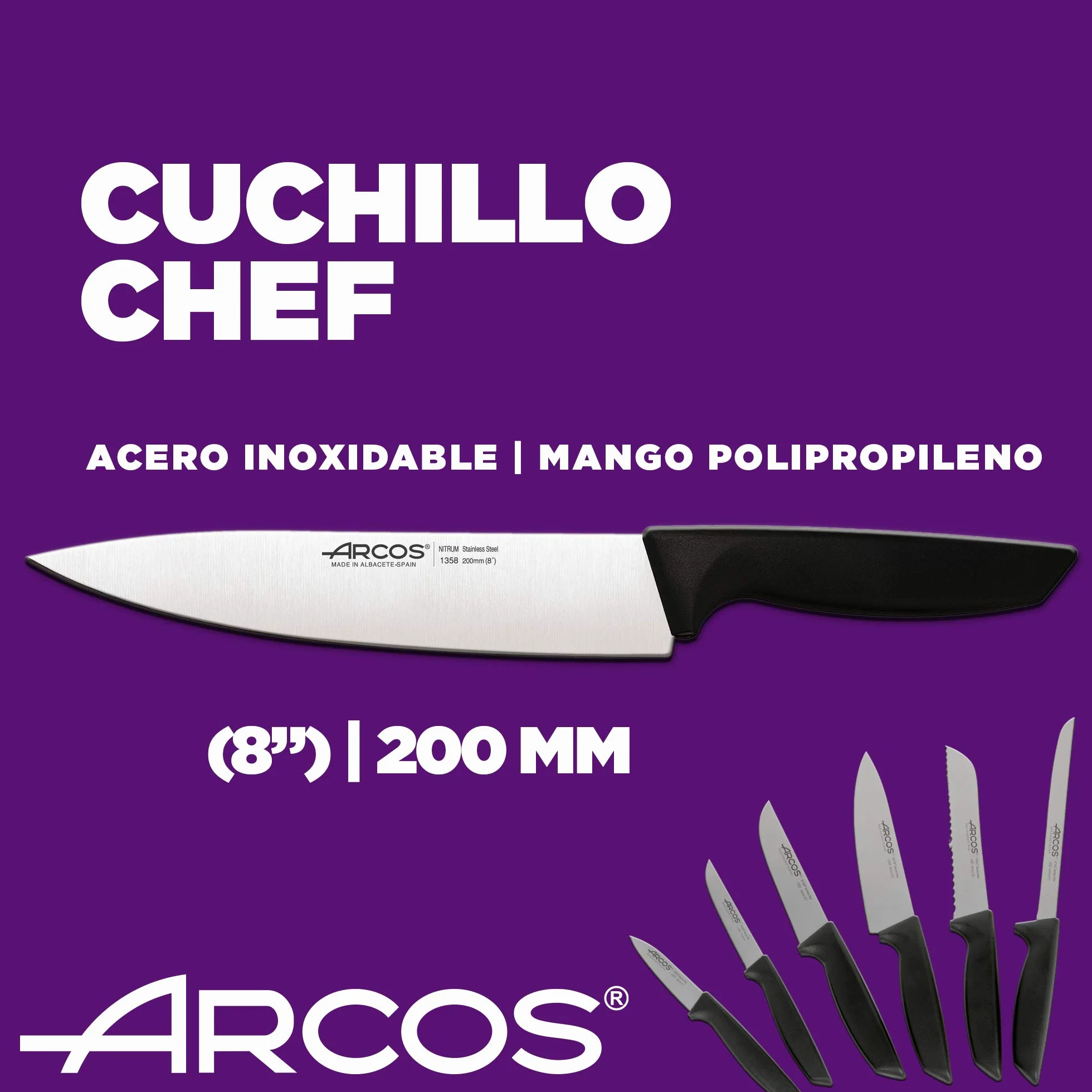 Arcos Juego Cuchillos Cocina Profesional 6 pzas Acero Inoxidable Mango Negro Serie Niza