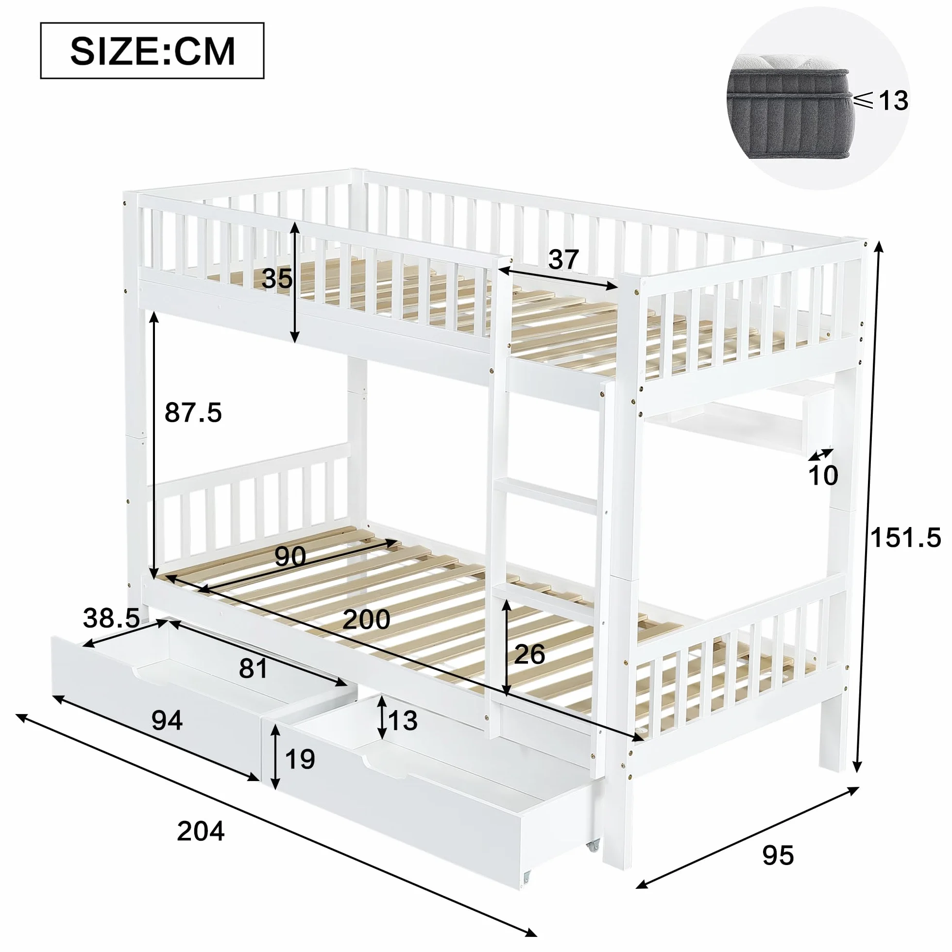 Cama Infantil, Litera para niños 90x200, Litera Matrimonio con 2 cajones y Escalera, Se Convierte en Dos Camas Individuales, Cama altillo con protección anticaída y somier, Blanco, Sin colchón
