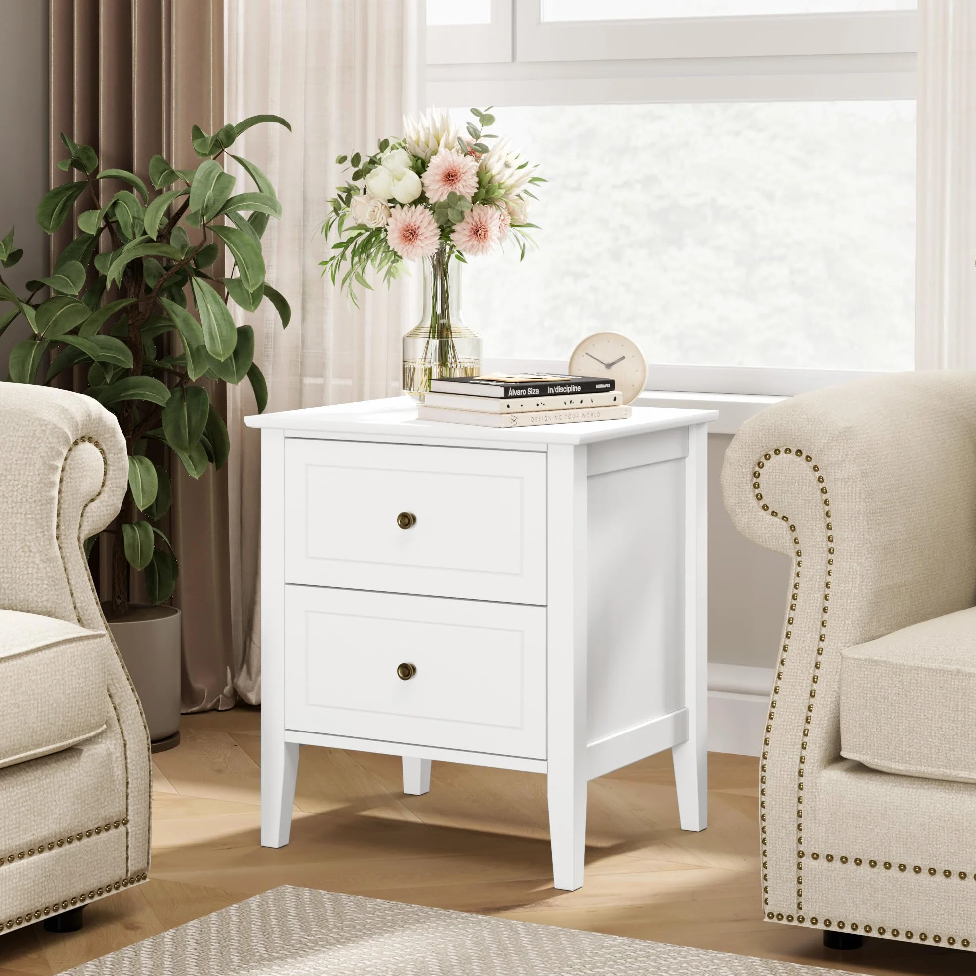 FOREHILL Mesitas de Noche Pack 2 Blanca, Mesillas de Noche con 2 Cajones, Mesitas de Noche Dormitorio, Mesas de Noche, Moderno, Madera, 50x40x55,5cm