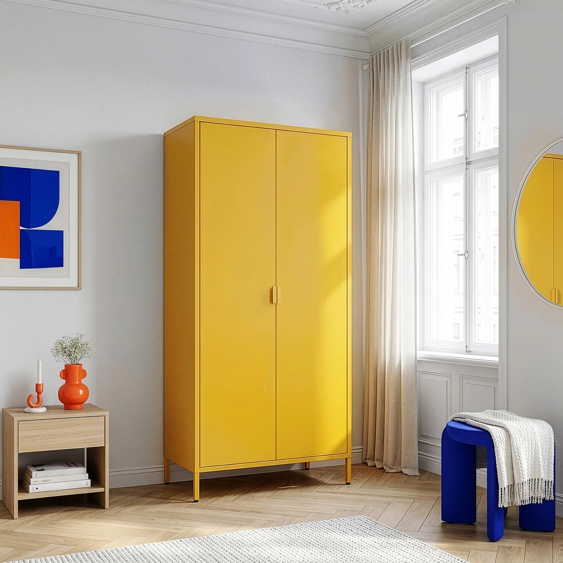 [en.casa] Armario Dormitorio Esteli con 2 Puertas 2 Percheros 4 Estantes Regulables Armario Ropero Clóset para Dormitorio Vestidor Acero 170 x 80 x 45 cm - Amarillo