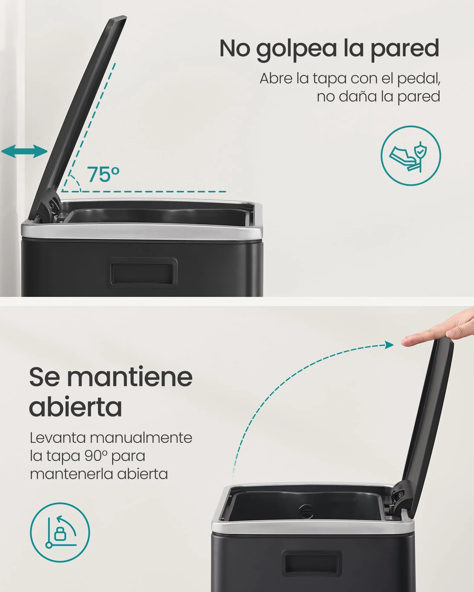 SONGMICS Cubo de Basura 50 L, con 15 Bolsas de Basura, Acero, Bolsa de Plástico Extraíble, con Tapa, Asas, Cierre Suave, Negro Tinta LTB595B02