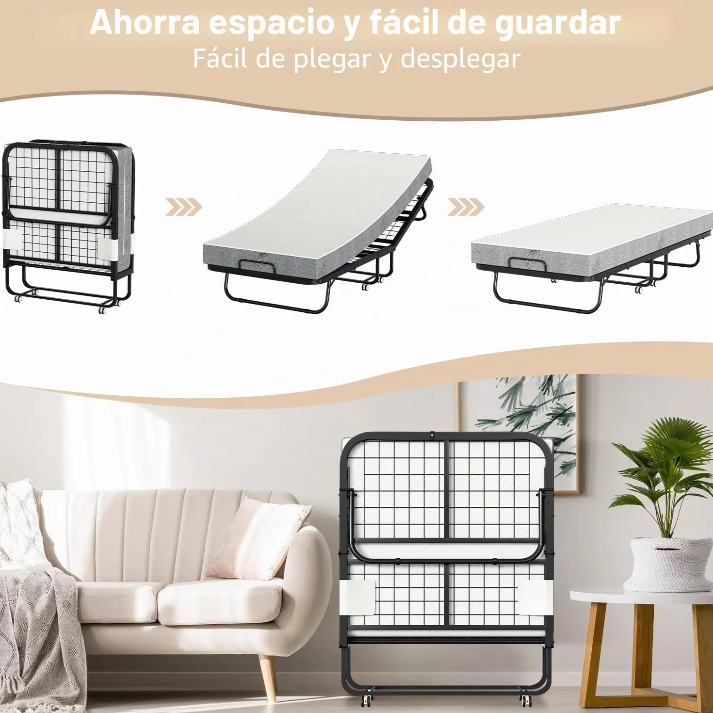 Cama plegable 90x200 cm con colchón de 13 cm, cama plegable para invitados para adultos, marco de metal estable, cama plegable con ruedas y funda protectora, cama de visita para ahorrar