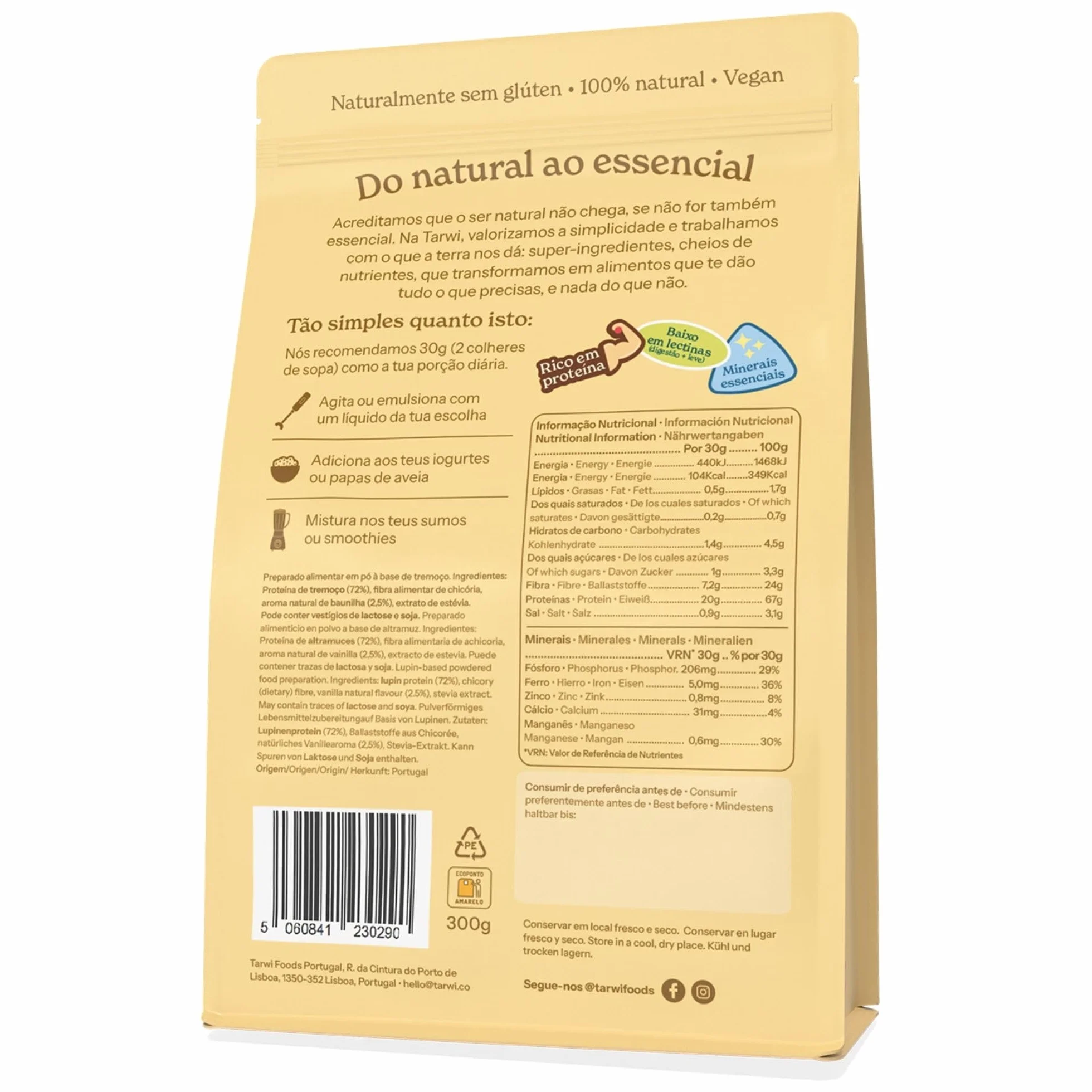 Tarwi Proteína Vegana en Polvo, Proteína de Altramuz, 21g por ración, 300g, Vainilla