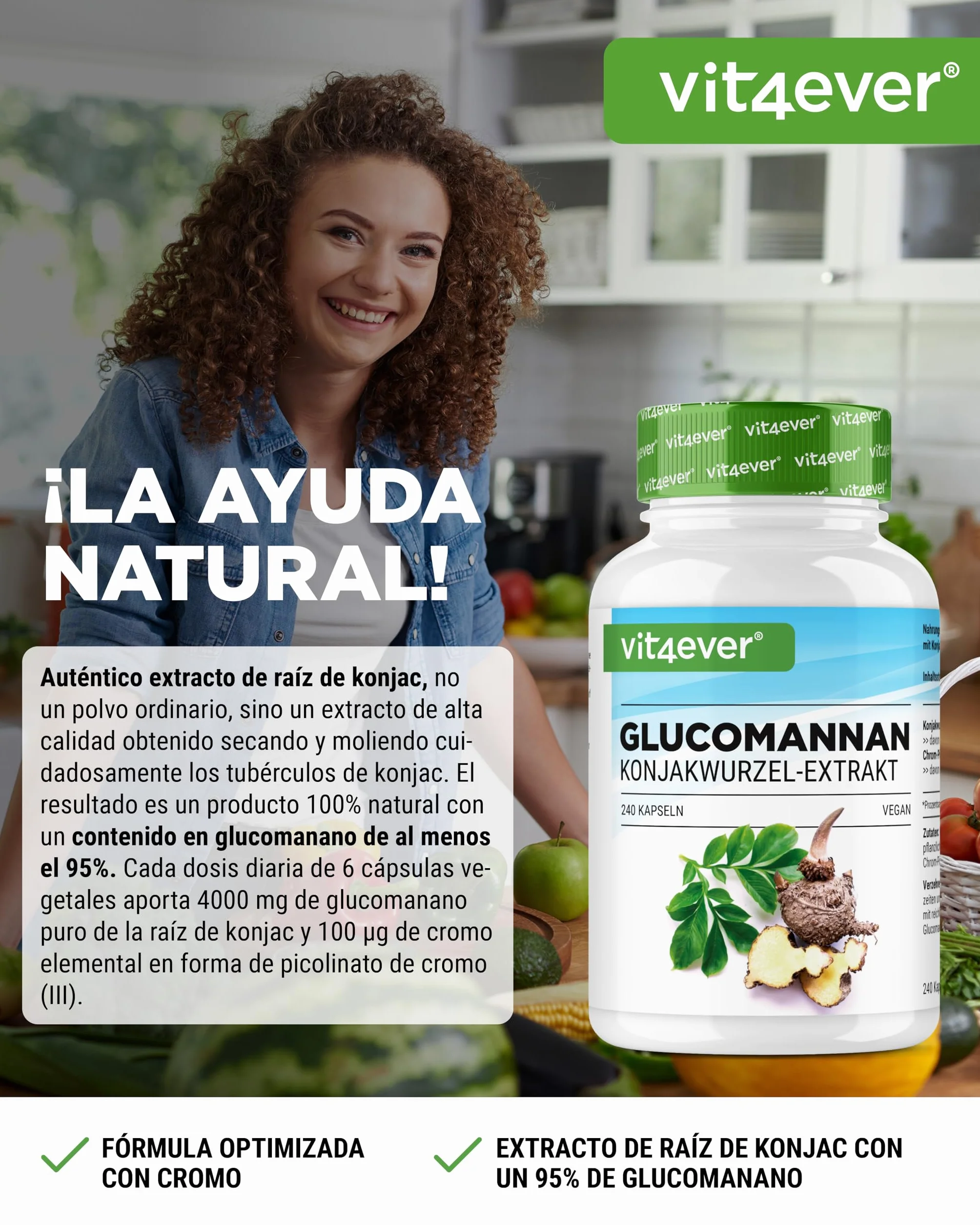 Glucomanano de la raíz de konjac 240 cápsulas 4200 mg por porción diaria con cromo Vegano