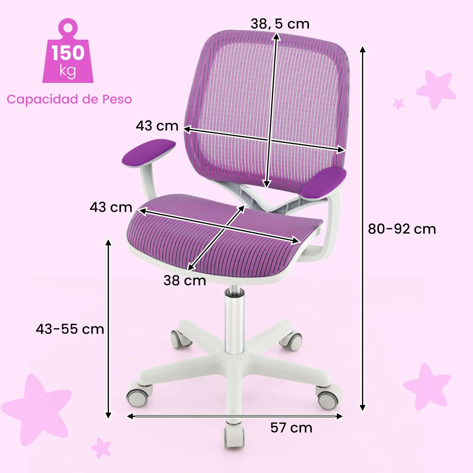 COSTWAY Silla de Escritorio para Niños, Silla Infantil Giratoria para Computadora con Altura Ajustable, Ruedas con Freno, Reposabrazos Lisos, Silla Ergonómica de Estudio para Niño (Morado)