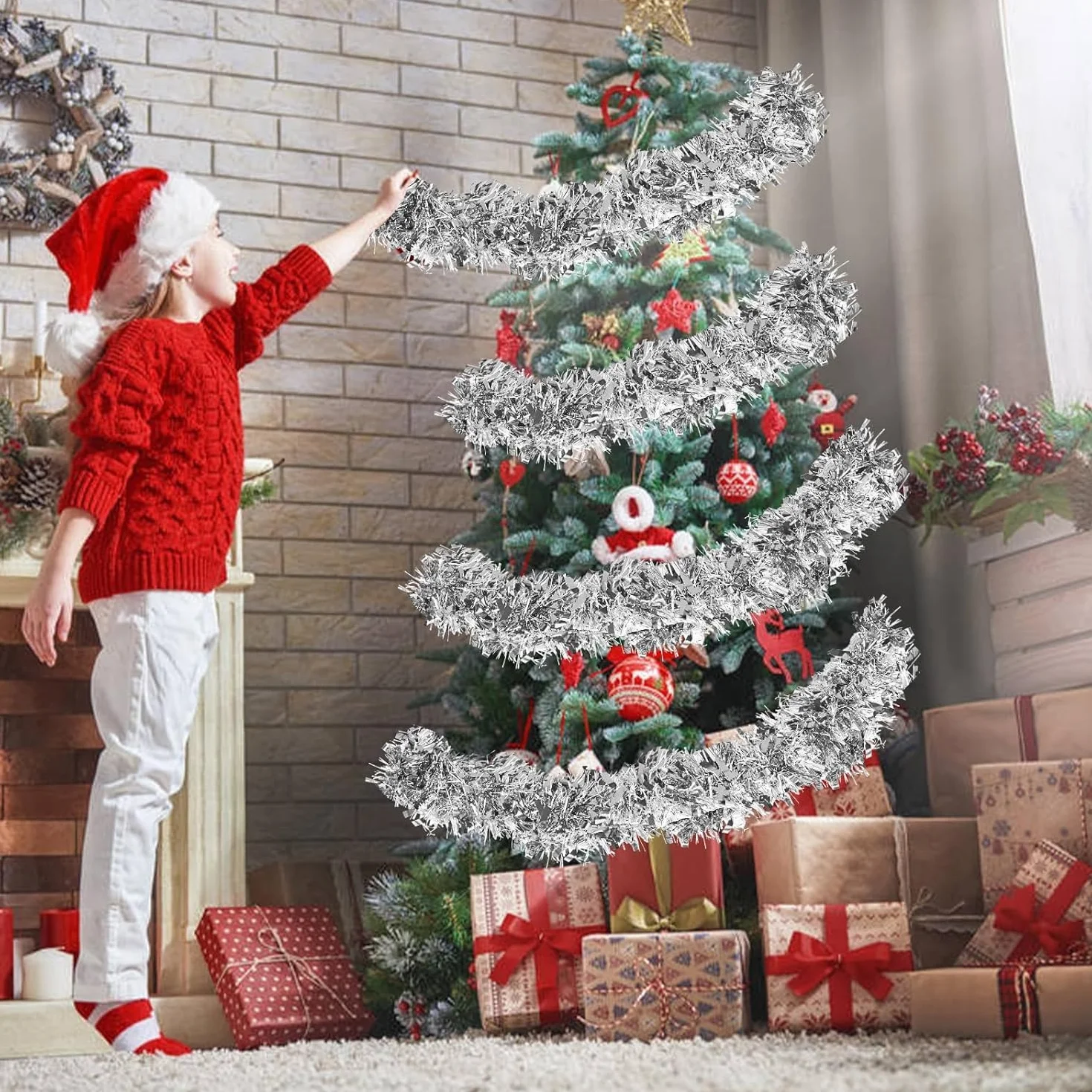 SULOLI Guirnalda de Oropel Navidad de 10 m，Guirnaldas de Tinsel，Espumillón de Cumpleaños，Fiesta，Escalera，Chimenea，Paredes，Árbol de Navidad（Plata）