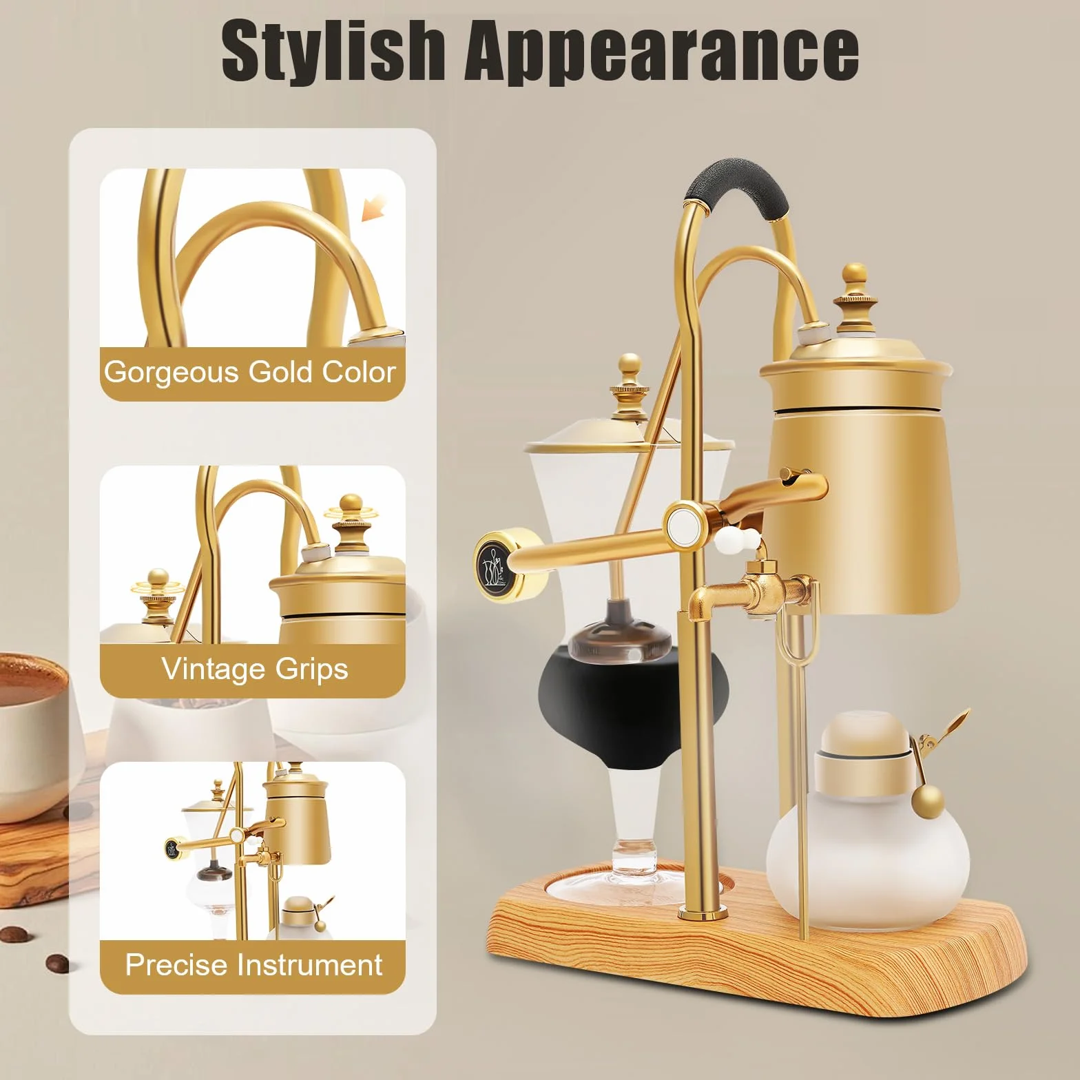 Sifón cafetera al vacío Sifón Belga Cafetera Set elegante doble acanalado Fulcrum con mango en T, negro egipcio y oro