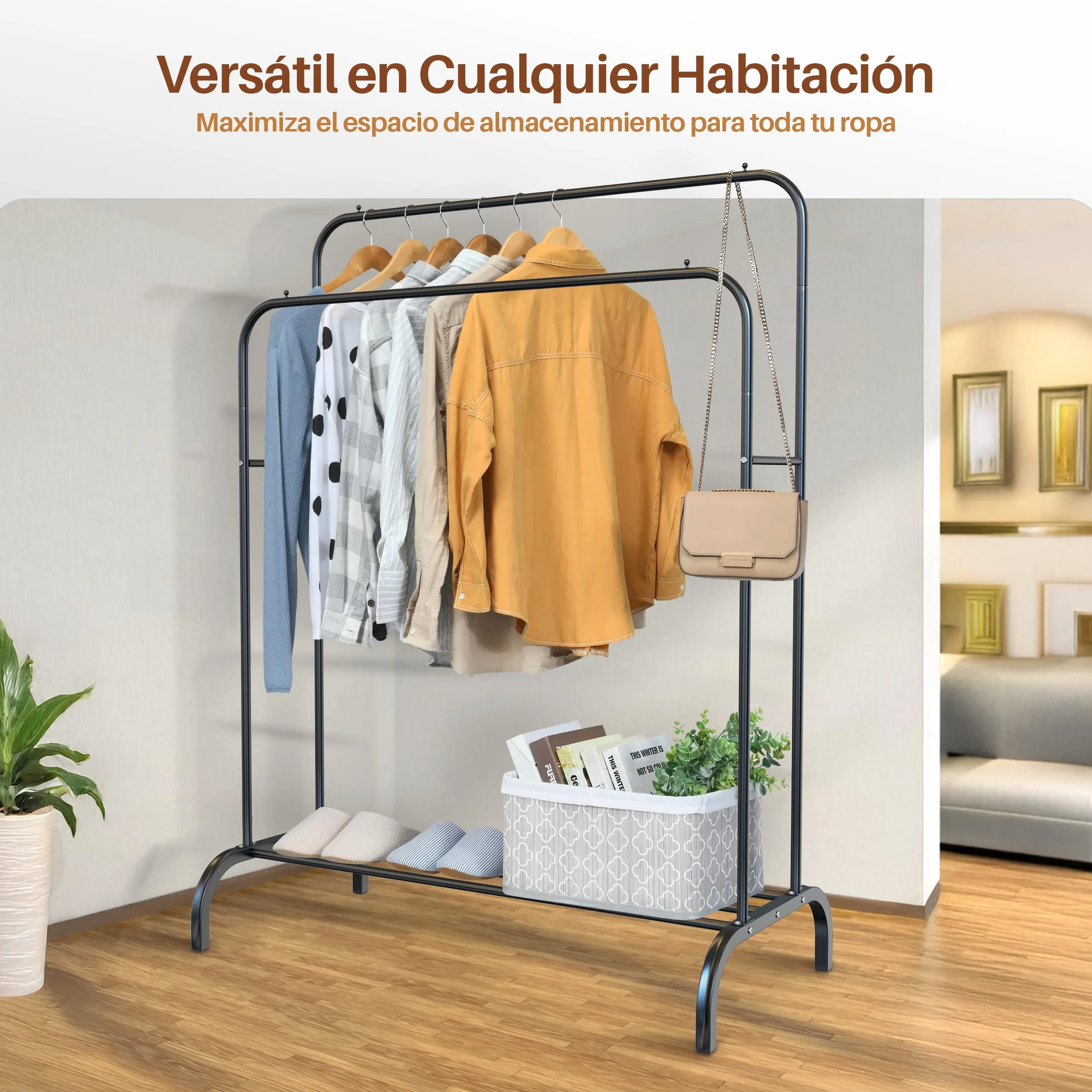 PORTENTUM Perchero de pie acero resistente 35 kg Organizador doble barra zapatero antideslizante