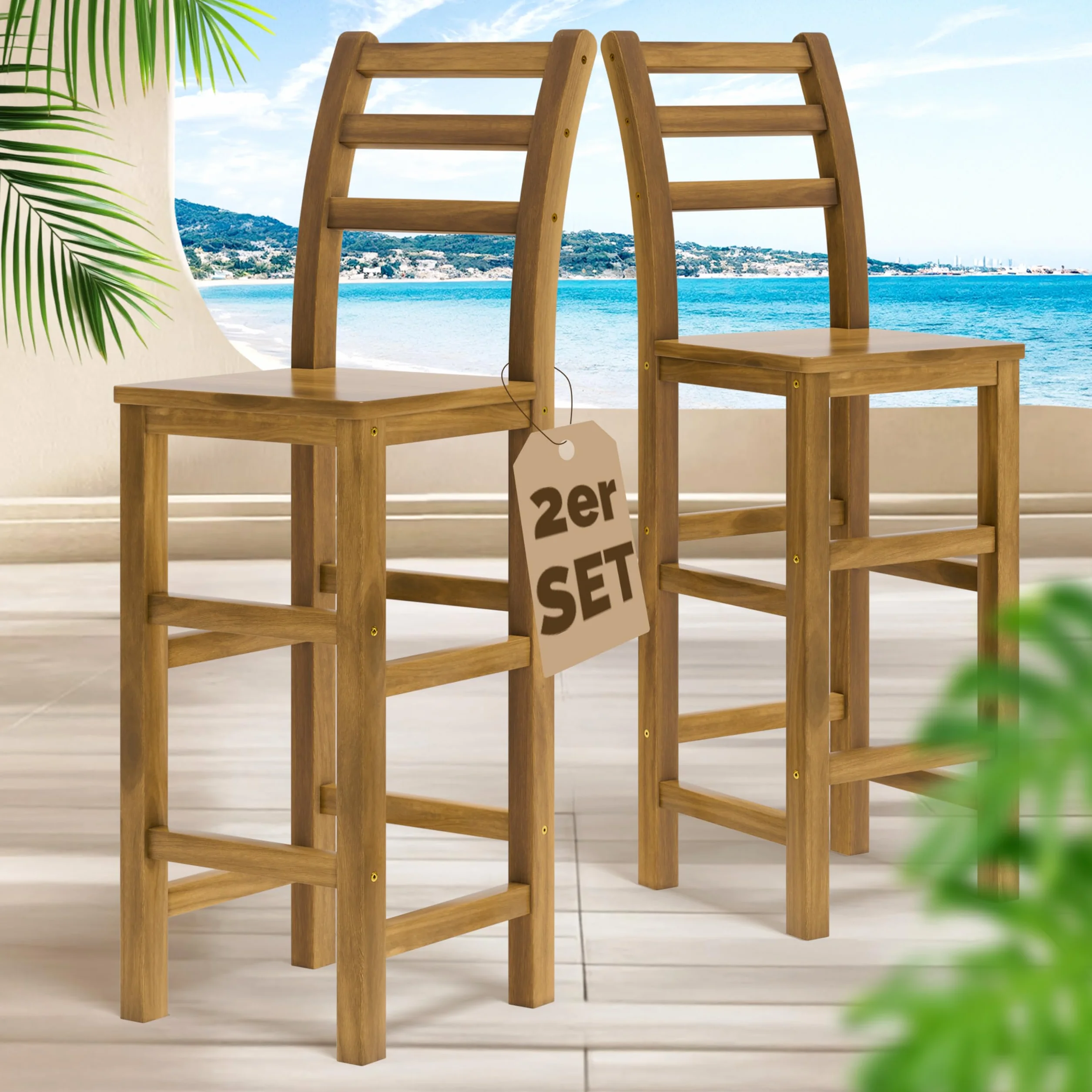 CASARIA® 2X Taburetes de Bar Altos con Respaldo Altura de Asiento 75cm Madera de Acacia Sillas de Cocina