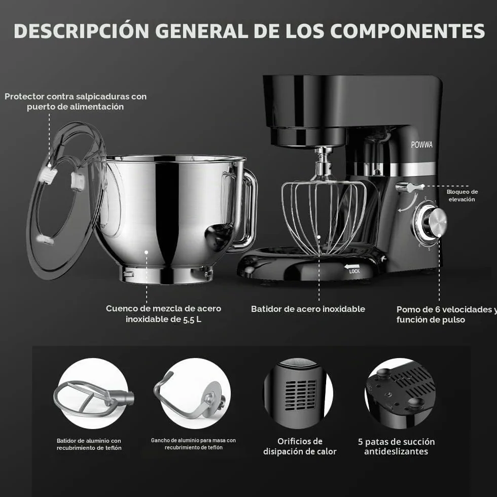 Batidora Amasadora, POWWA Amasadora de Pan Repostería 1500W, 6 Velocidades con Pulso, Potente y Bajo Ruido, Robot de Cocina Amasador Multifuncional, Bol de Acero Inoxidable 5.5 L Capacidad