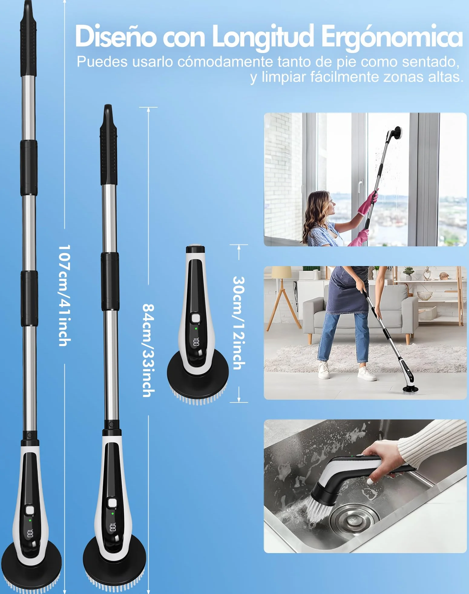 Cepillo Eléctrico Limpieza Hogar IPX8 Impermeable 3000mAh 2 Velocidades Mango Telescópico Ajustable