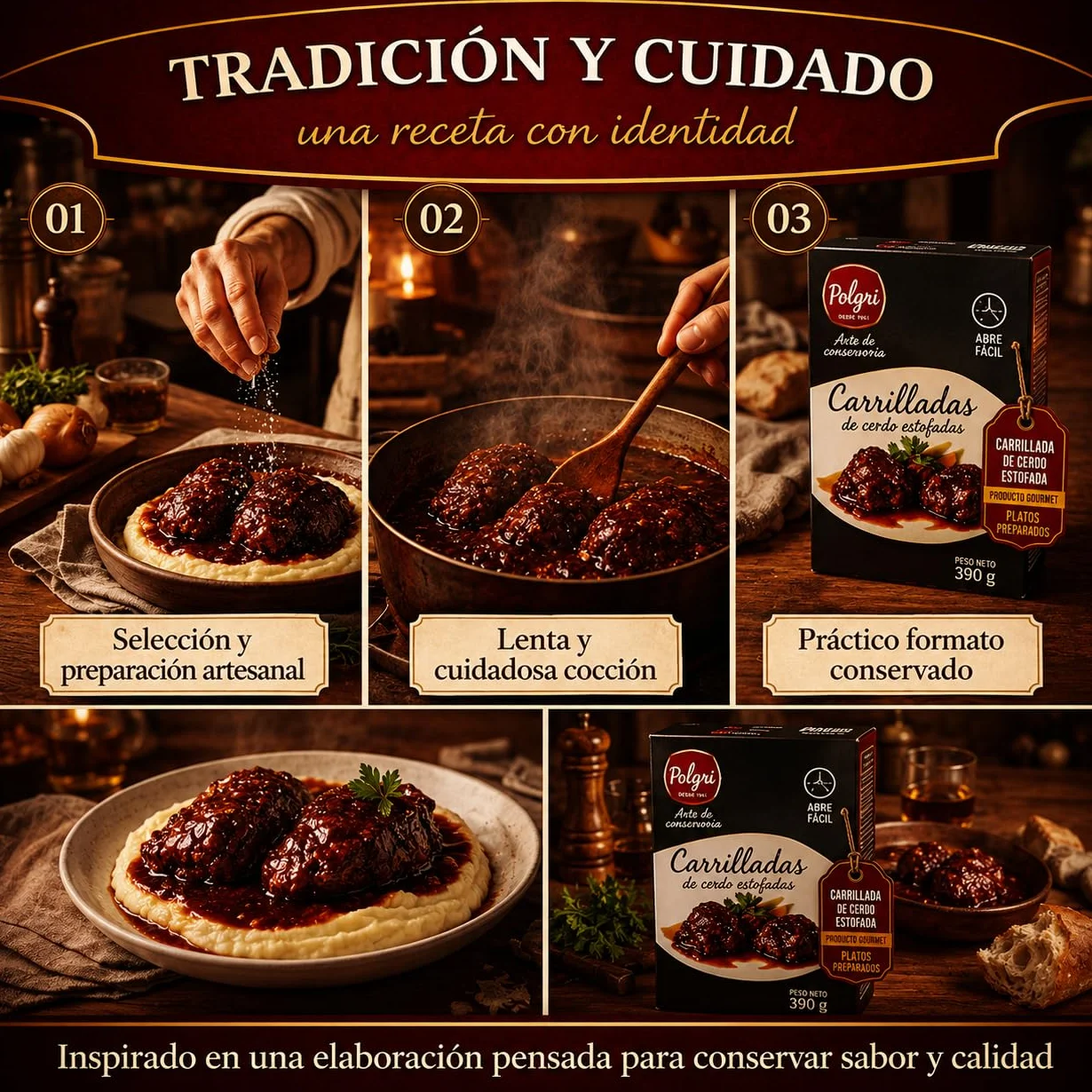 POLGRI Carrilladas de Cerdo Estofadas Conserva Gourmet Lata 390 g Carne Melosa