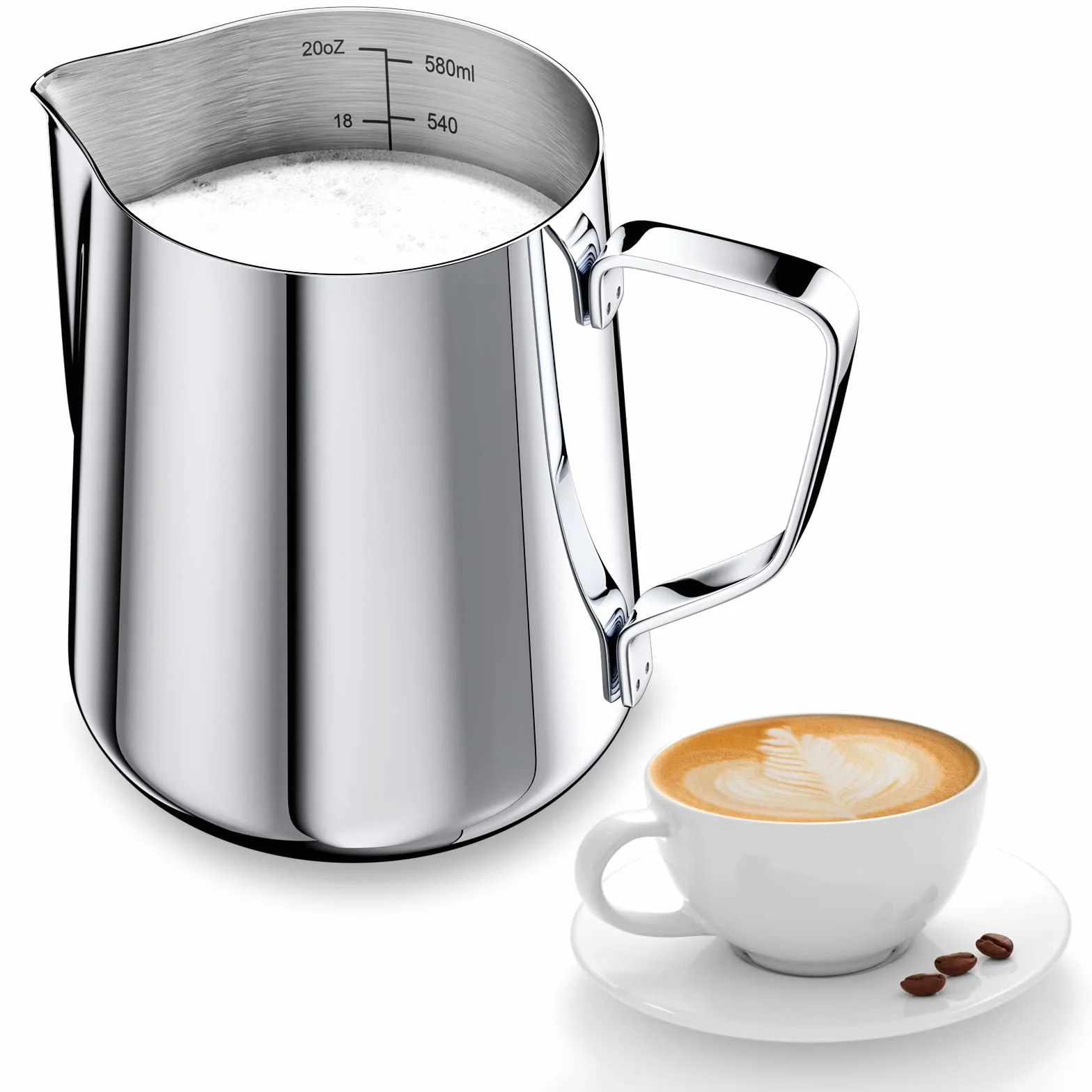 Newaner 600ml Jarra Leche Barista 304 Acero Inoxidable, Jarra de Leche con Marca de Medición 12oz, Jarra Cafe para Capuchino, Espresso, Latte Art, Perfecta para Los Amantes del Café, Plata