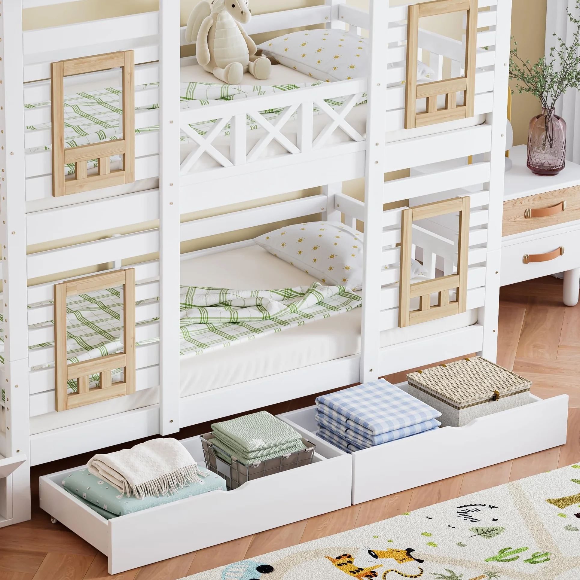 Litera de 90 x 200 cm, cama alta con ventana, con rejilla anticaídas, 2 cajones con ruedas, escalera con 4 estantes (blanco y natural, 90 x 200 cm)