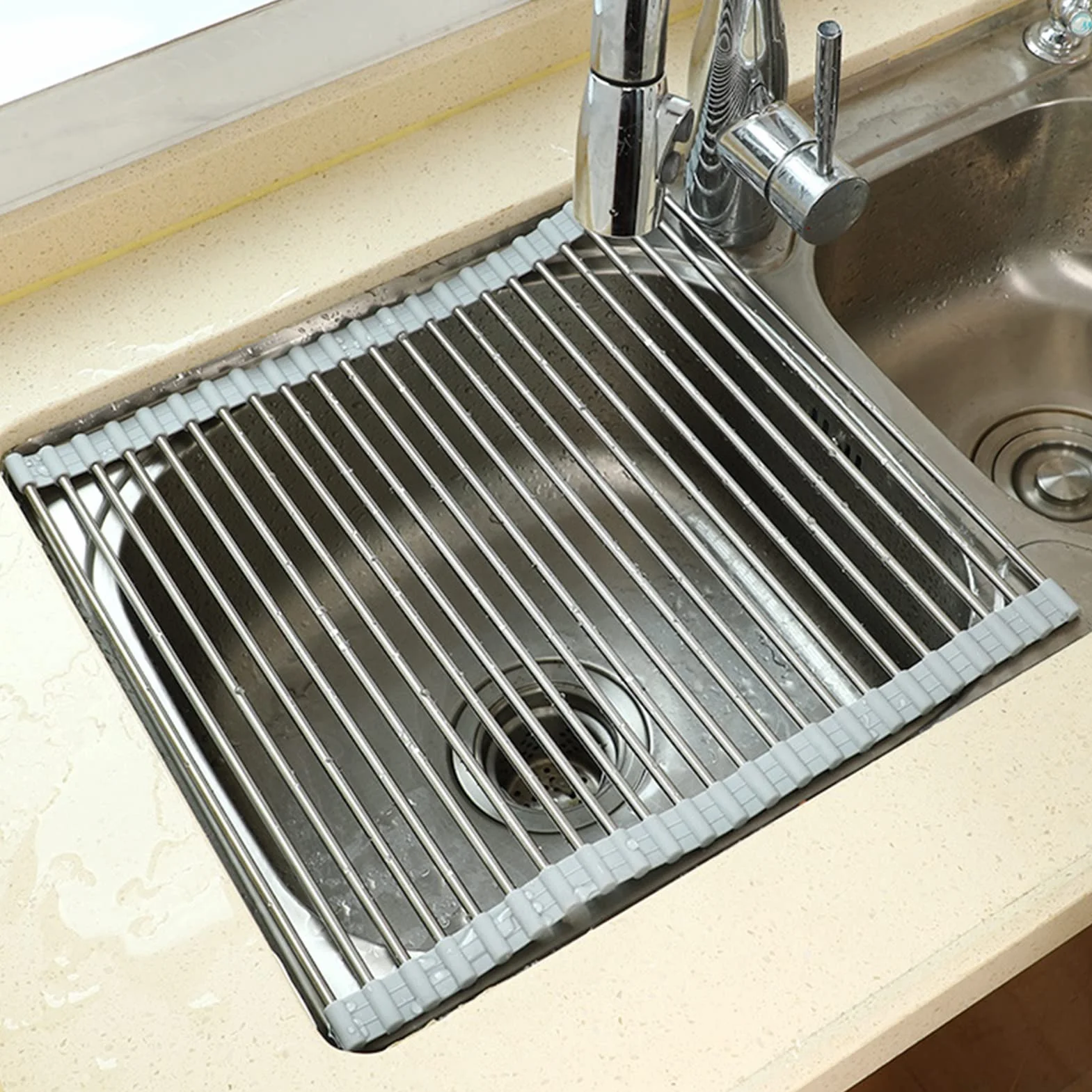 YYL De Múltiples Fines Escurreplatos Enrollable, Plegable Acero Inoxidable sobre Fregadero Cocina Escurridor de Rejilla, para Tazas Frutas Verduras (Size : 33.5 * 42cm/13.1 * 16.5in)