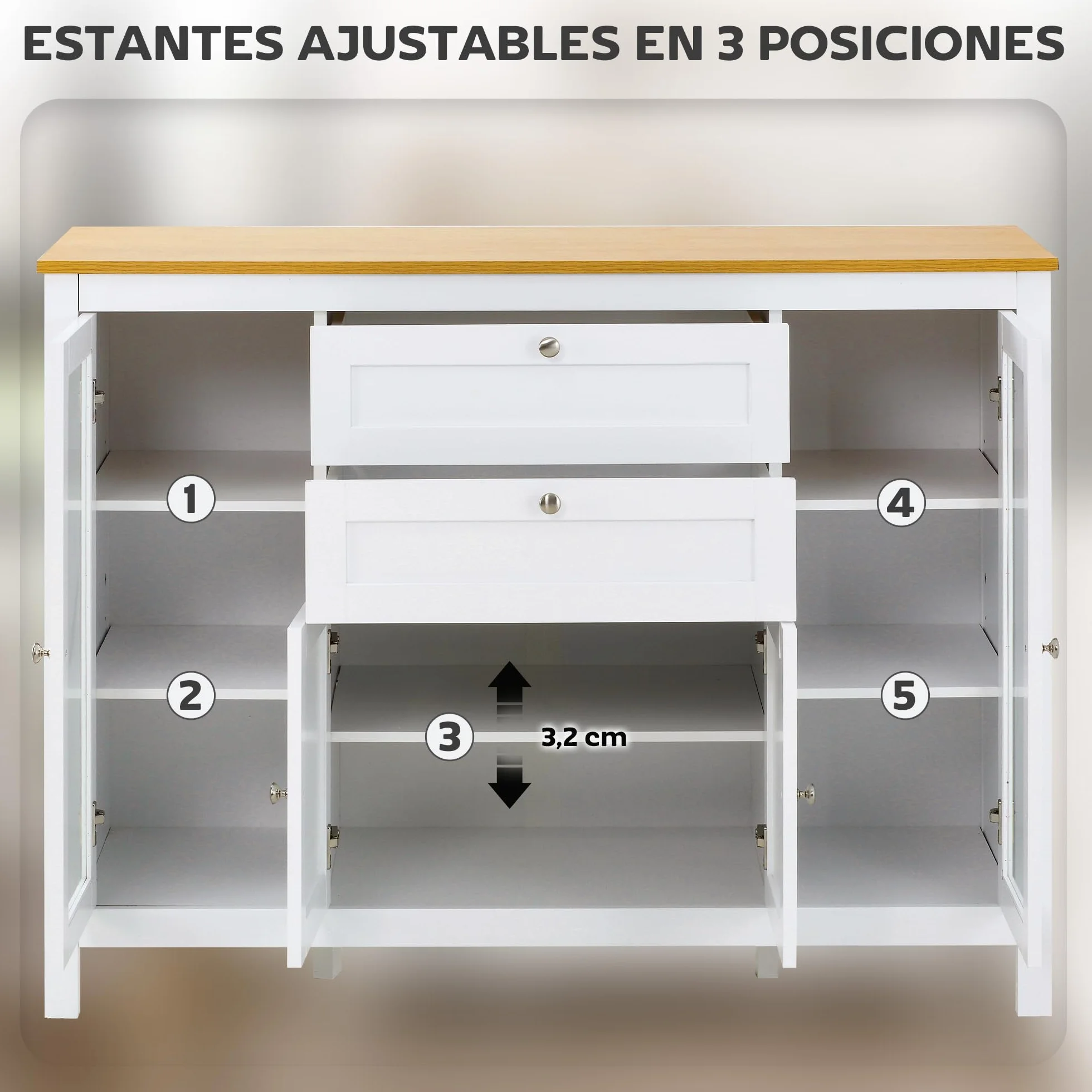 HOMCOM Aparador de Cocina con Armario 2 Cajones 2 Puertas de Vidrio y Estantes Ajustables Muebles Auxiliar de Almacenaje para Comedor Salón 120x40x90 cm Blanco
