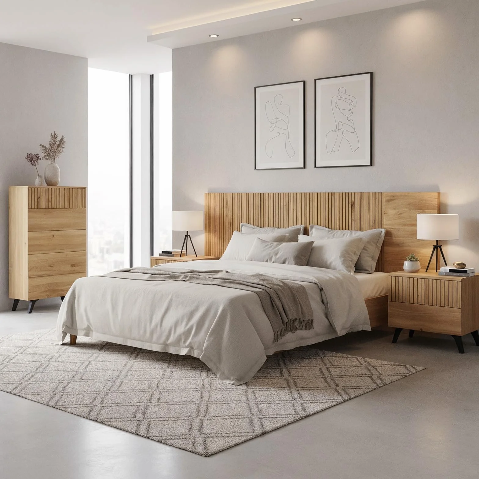 amuéblate Online - Pack Dormitorio Matrimonio Completo Nordik con Cabecero + 2 Mesitas de Noche + Sinfonier | Color Roble Miel