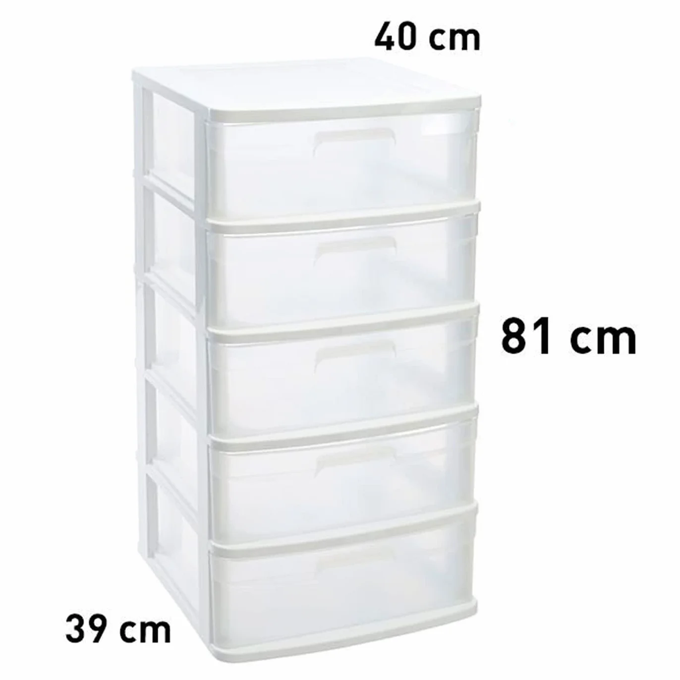 Tradineur - Cajonera de ordenación Sena con 5 cajones opacos, plástico, torre de almacenaje multiusos, hogar, 81 x 40 x 39 cm, blanco