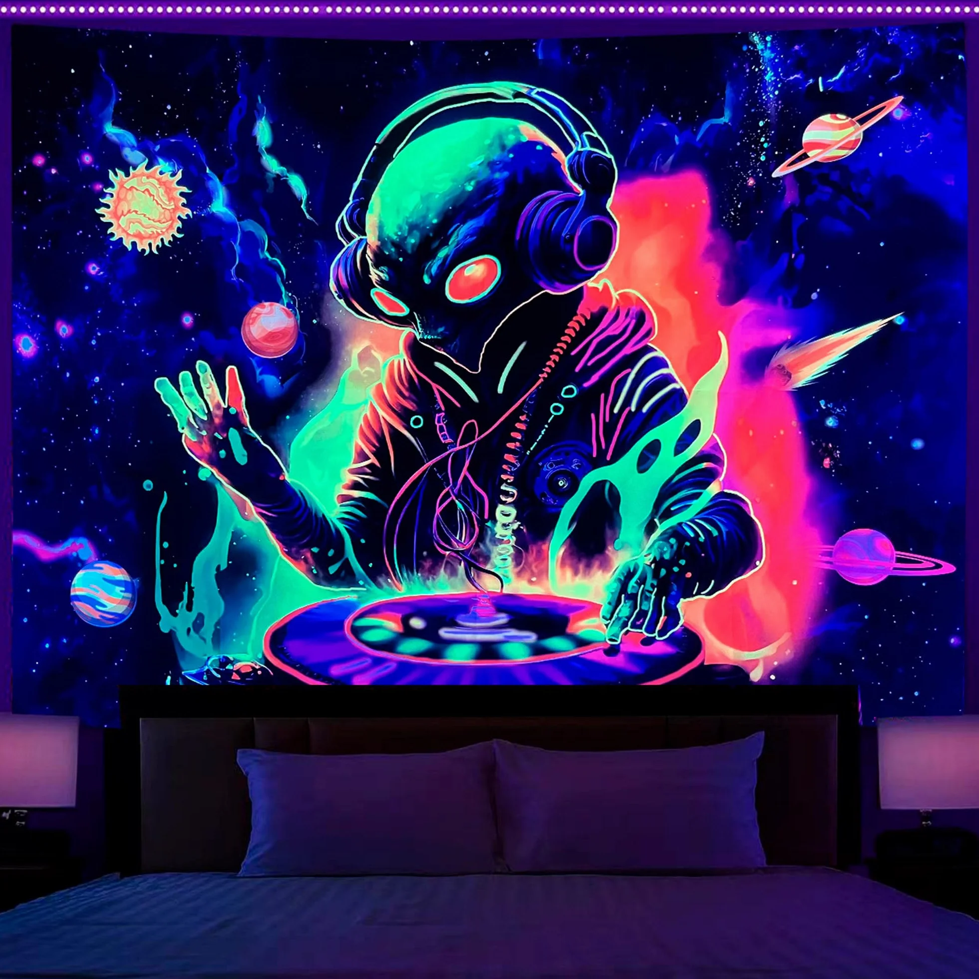 OSVINO Tapiz Extraterrestre 130x150CM UV Reactivo Decoración Pared Dormitorio Luna Sol Planetas Alienígena