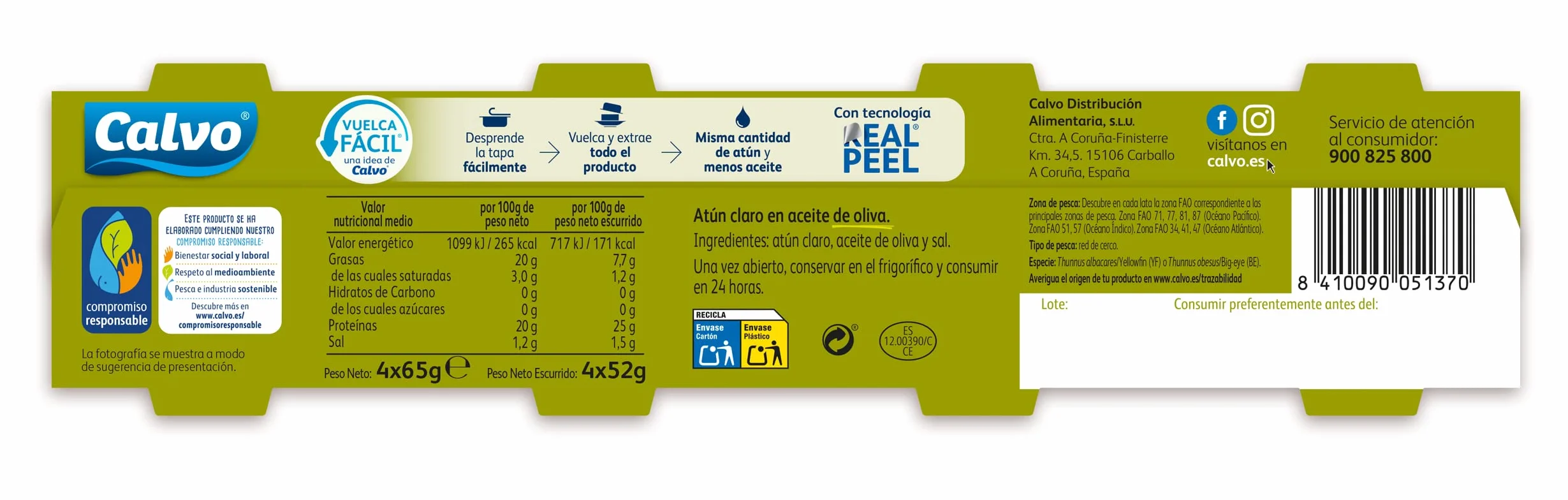 Calvo Atún Claro en Aceite de Oliva Pack 3+1, 260g