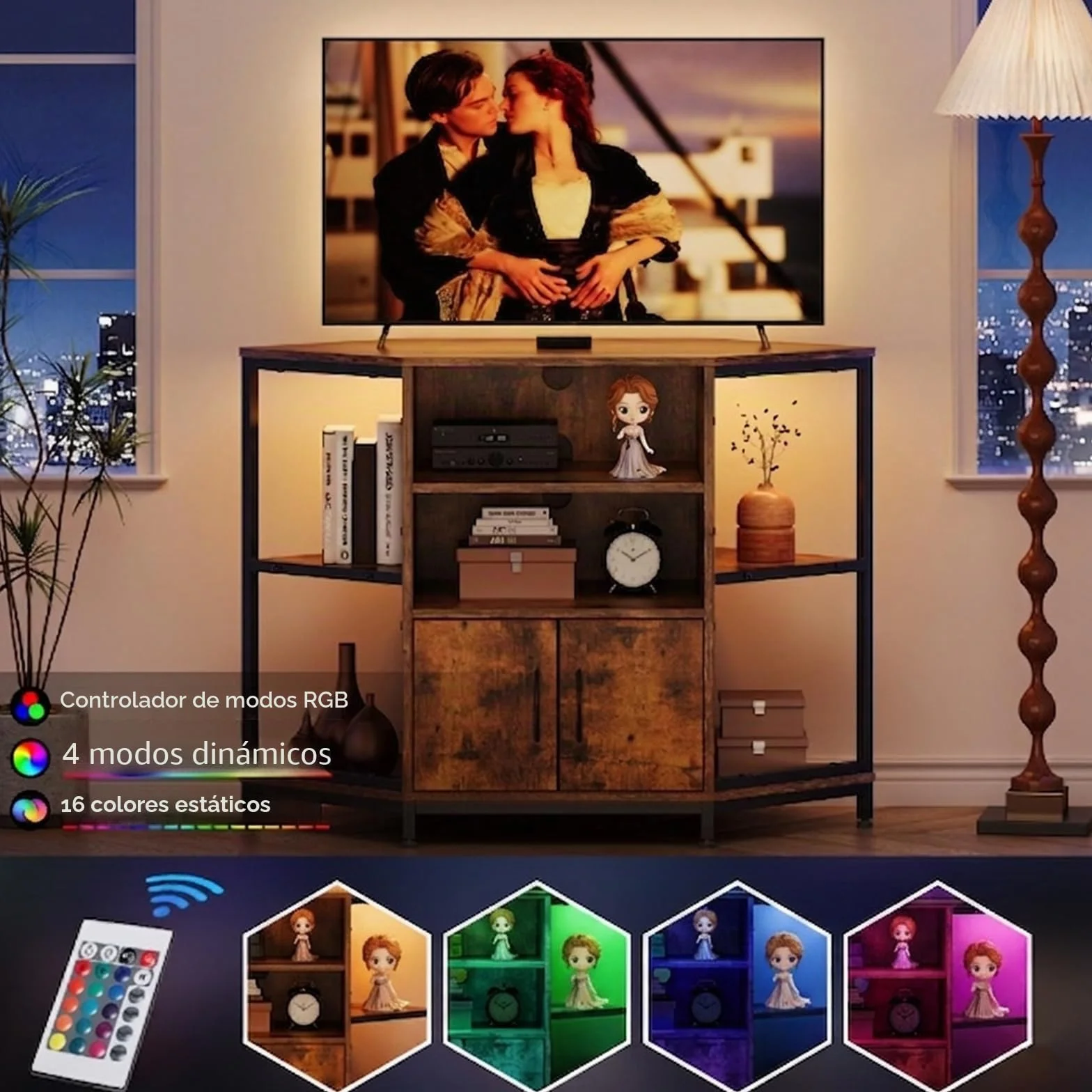 Dripex Mueble de esquina para TV con iluminación LED, para salón, diseño industrial, 105 x 50 x 79 cm, marrón vintage