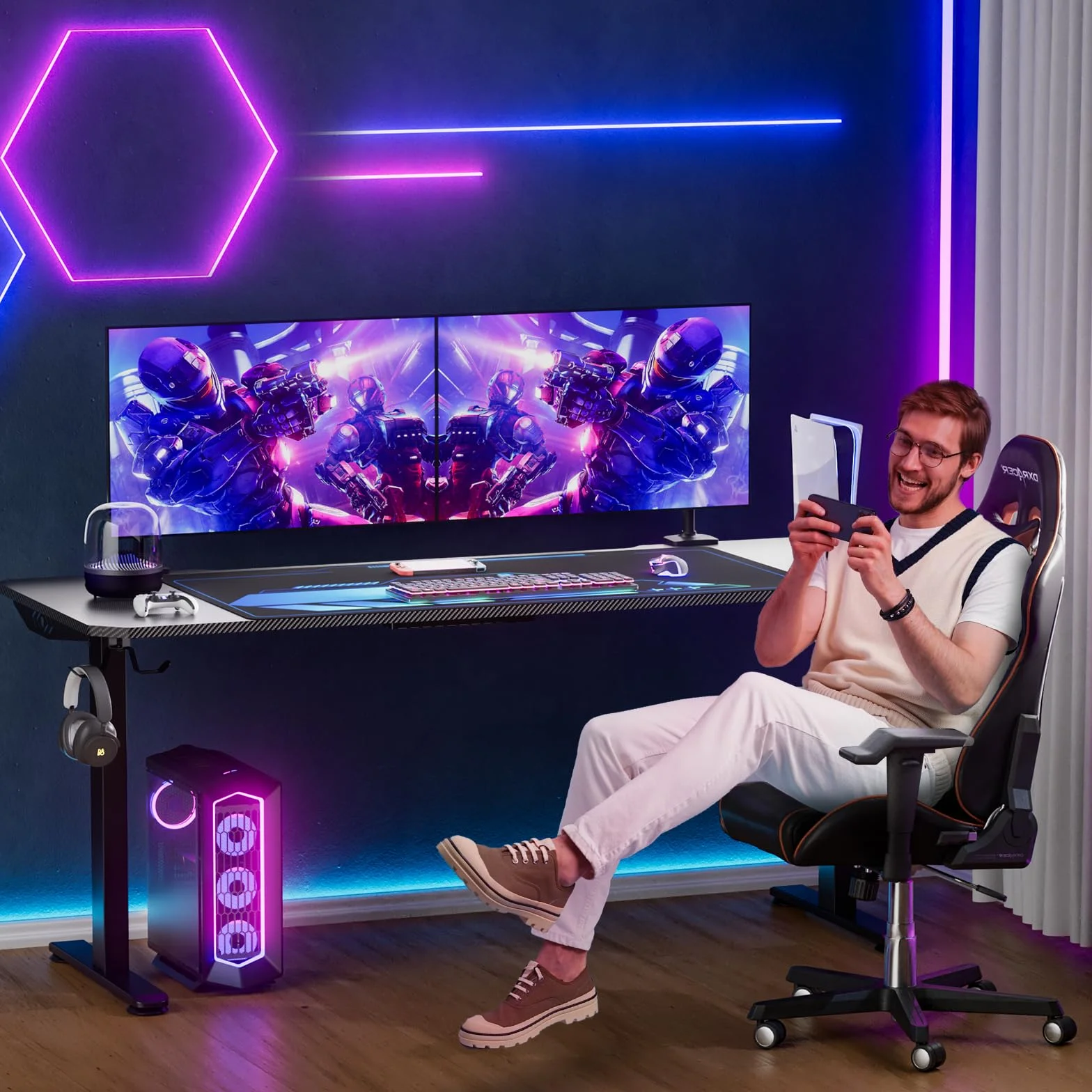 Himimi Mesa Gaming,Escritorio Gaming de Ergonómica, Escritorio Gamer de Fibra de Carbono, Escritorio de Juego con Alfombrilla de Ratón, Portavasos y Gancho para Auriculares,Negro （180x70x80 cm ）