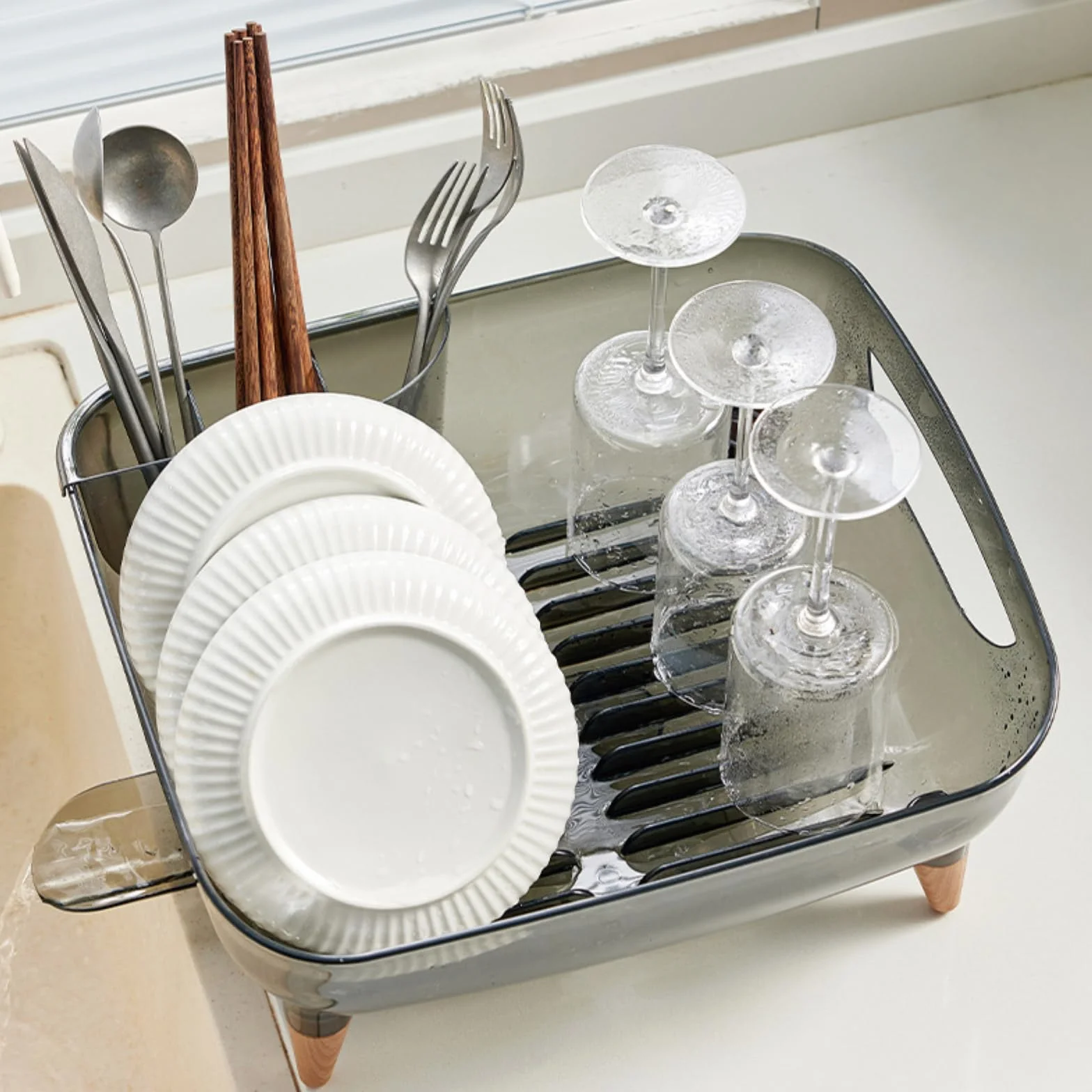 Escurridor de platos para encimera de cocina, escurridor de platos con juego de escurridor y soporte para utensilios, escurridor de platos de secado de fregadero (negro)
