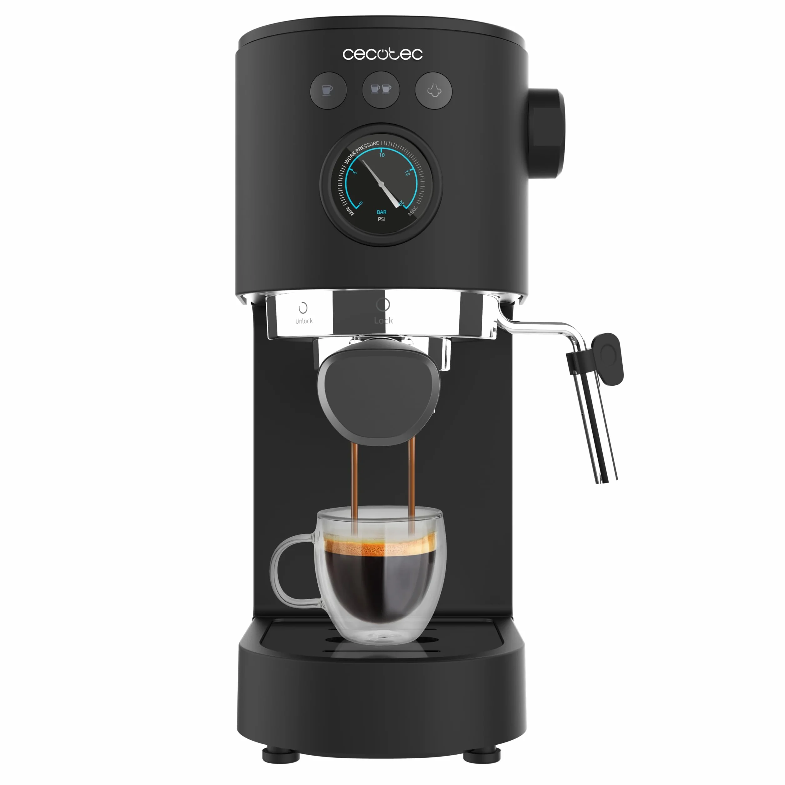 Cecotec Cafetera Express Cafelizzia Fast Pro. 1350 W, Thermoblock, ForceAroma de 20bars, Vaporizador Orientable, Brazo Doble, Bandeja Calienta Tazas, Depósito de Agua Extraíble