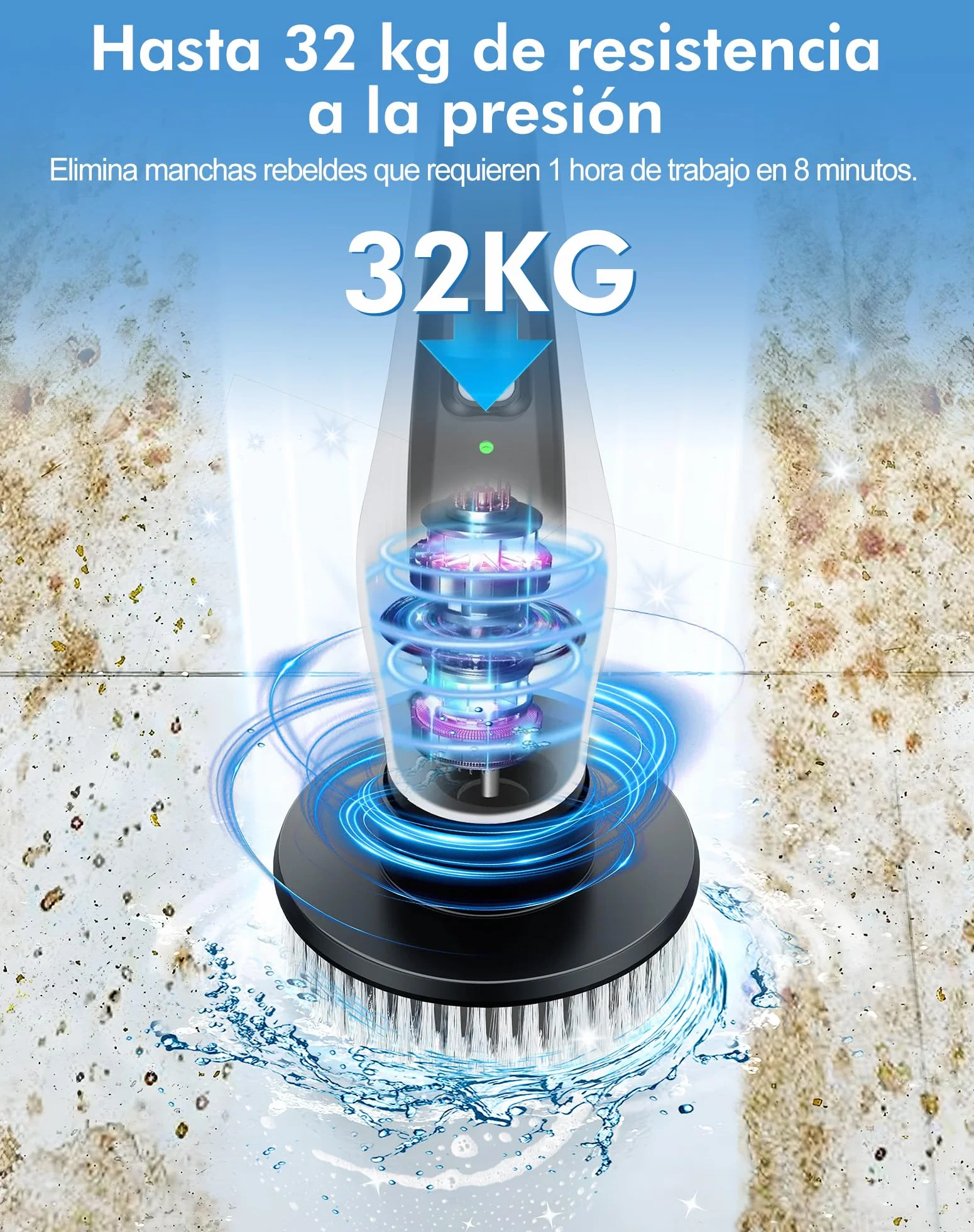 Cepillo Eléctrico Limpieza Hogar IPX8 Impermeable 3000mAh 2 Velocidades Mango Telescópico Ajustable
