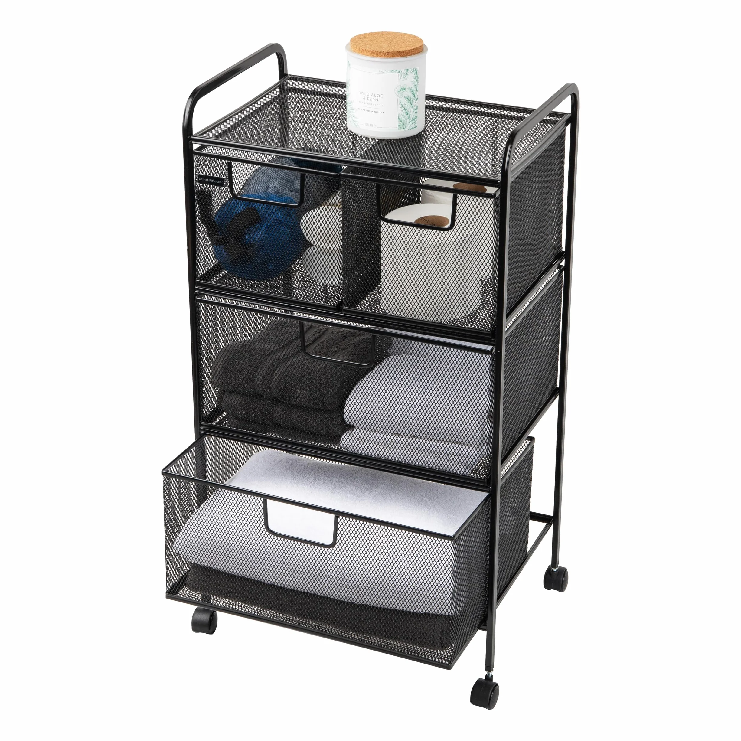 Mind Reader Carrito con cajones, organizador de lavandería, carrito utilitario, baño, cocina, malla metálica, 40.6 cm de largo x 27.9 cm de ancho x 73.7 cm de alto, color negro