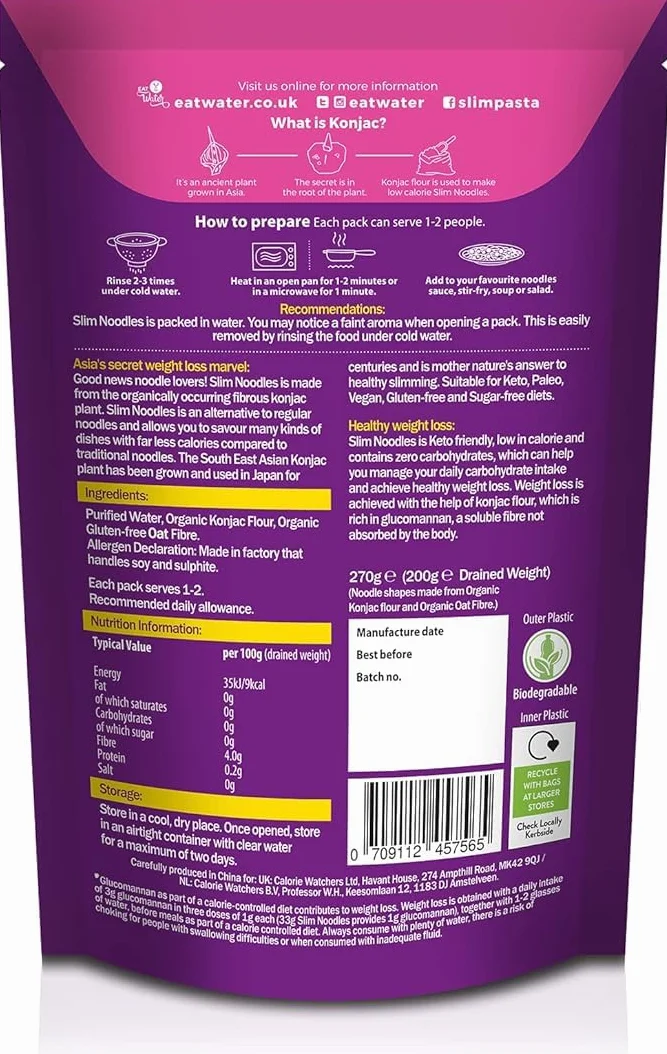 Slim Pasta Noodles de Konjac 270 g Sin Calorías ni Carbohidratos Keto Low Carb Vegano