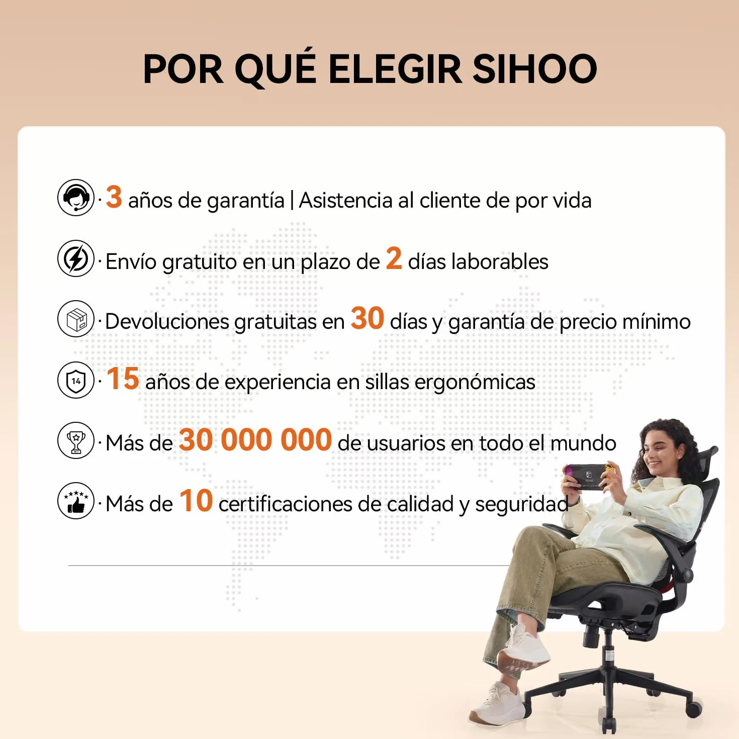 SIHOO Silla de Oficina Ergonómica B100 con Soporte Lumbar, Reposacabezas y Reposabrazos Abatibles, Negra