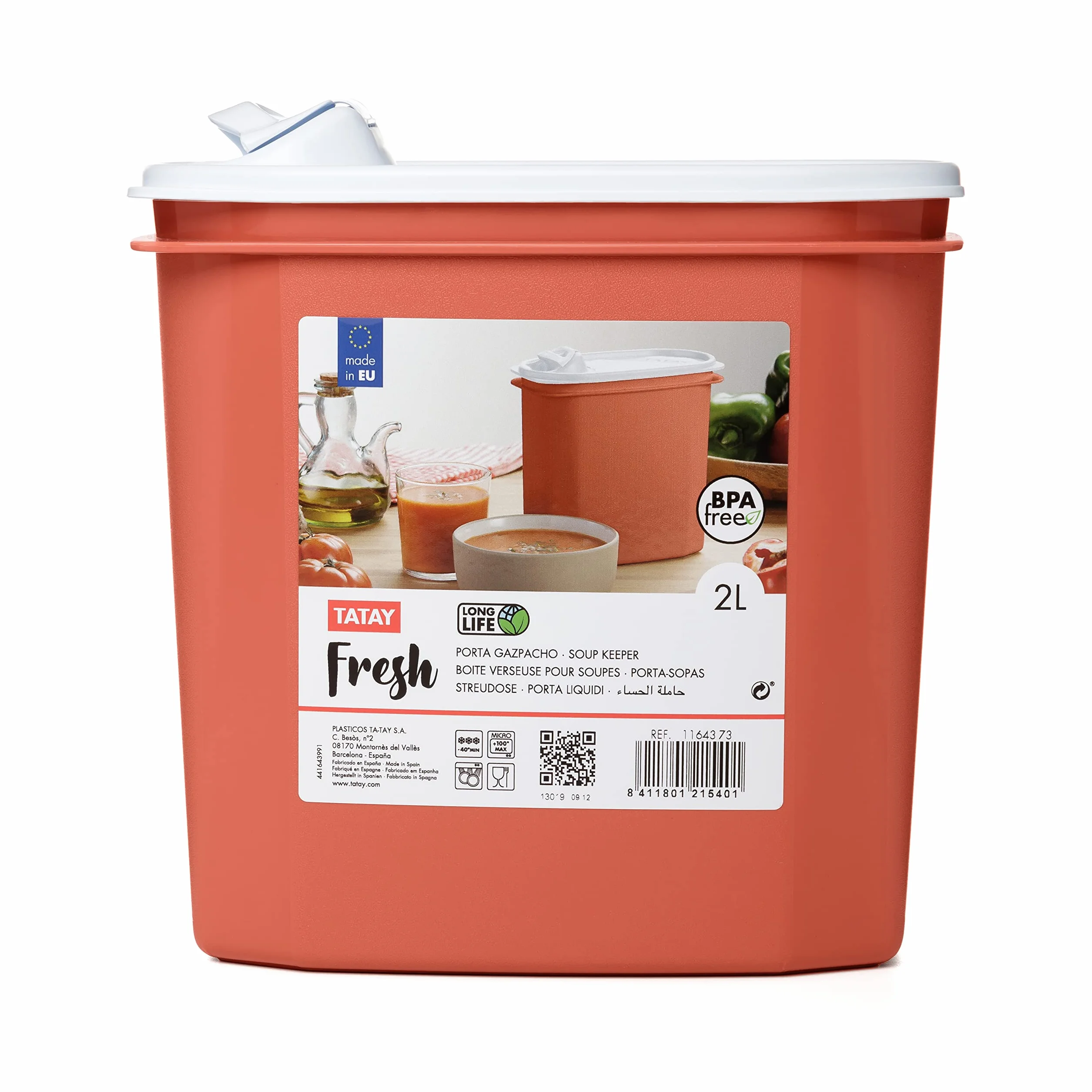 Tatay Porta Gazpacho 2L Tapa a Presión Top Flex con Vertedor, Jarra Para Gazpacho, Apto Microondas, Lavavajillas, Nevera, Congelador, Plástico Libre de BPA, 18,4x9,7x19 cm, Naranja
