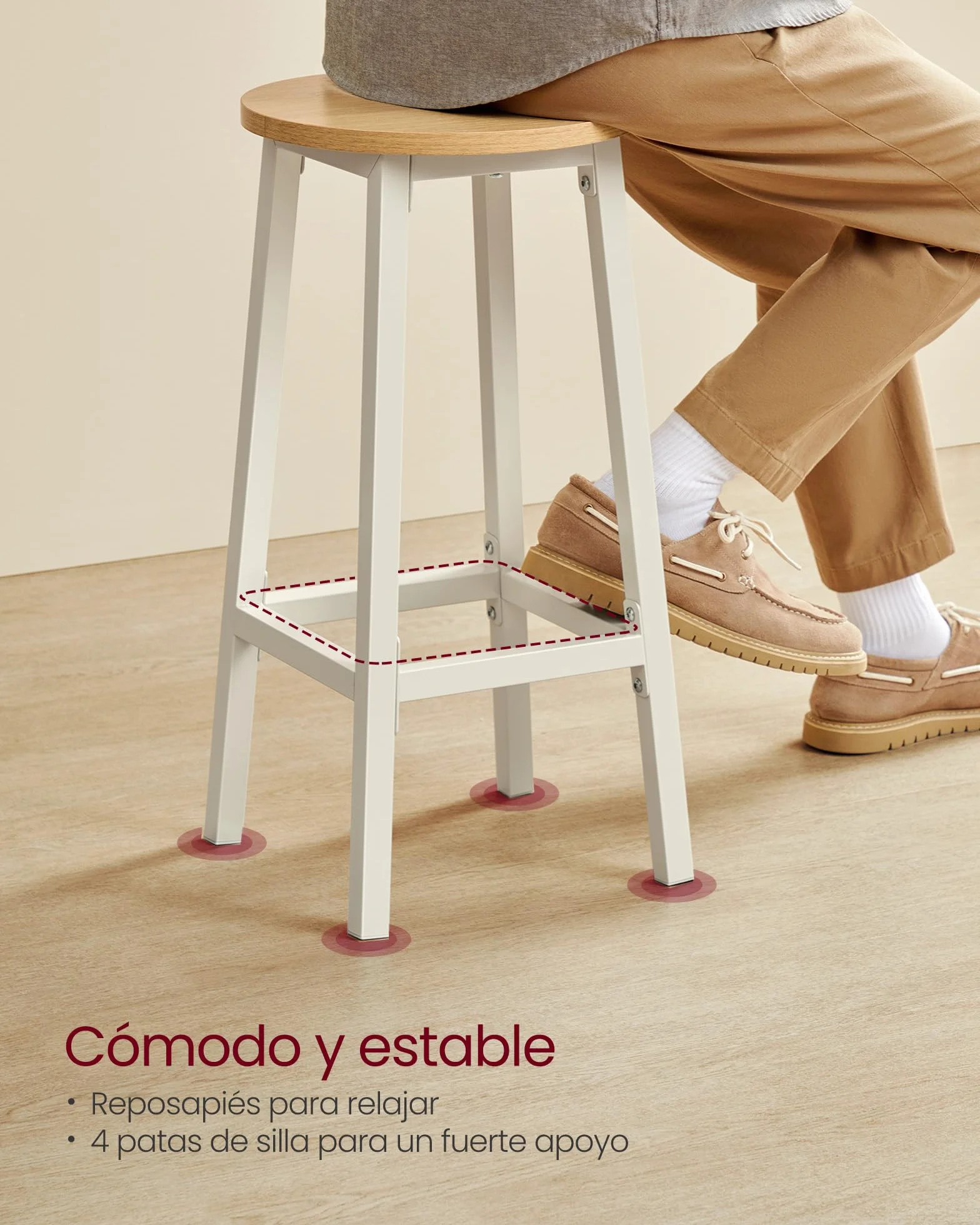 VASAGLE Juego de 2 Taburetes de Bar, Altura 65 cm, con Reposapiés, Beige Roble y Blanco