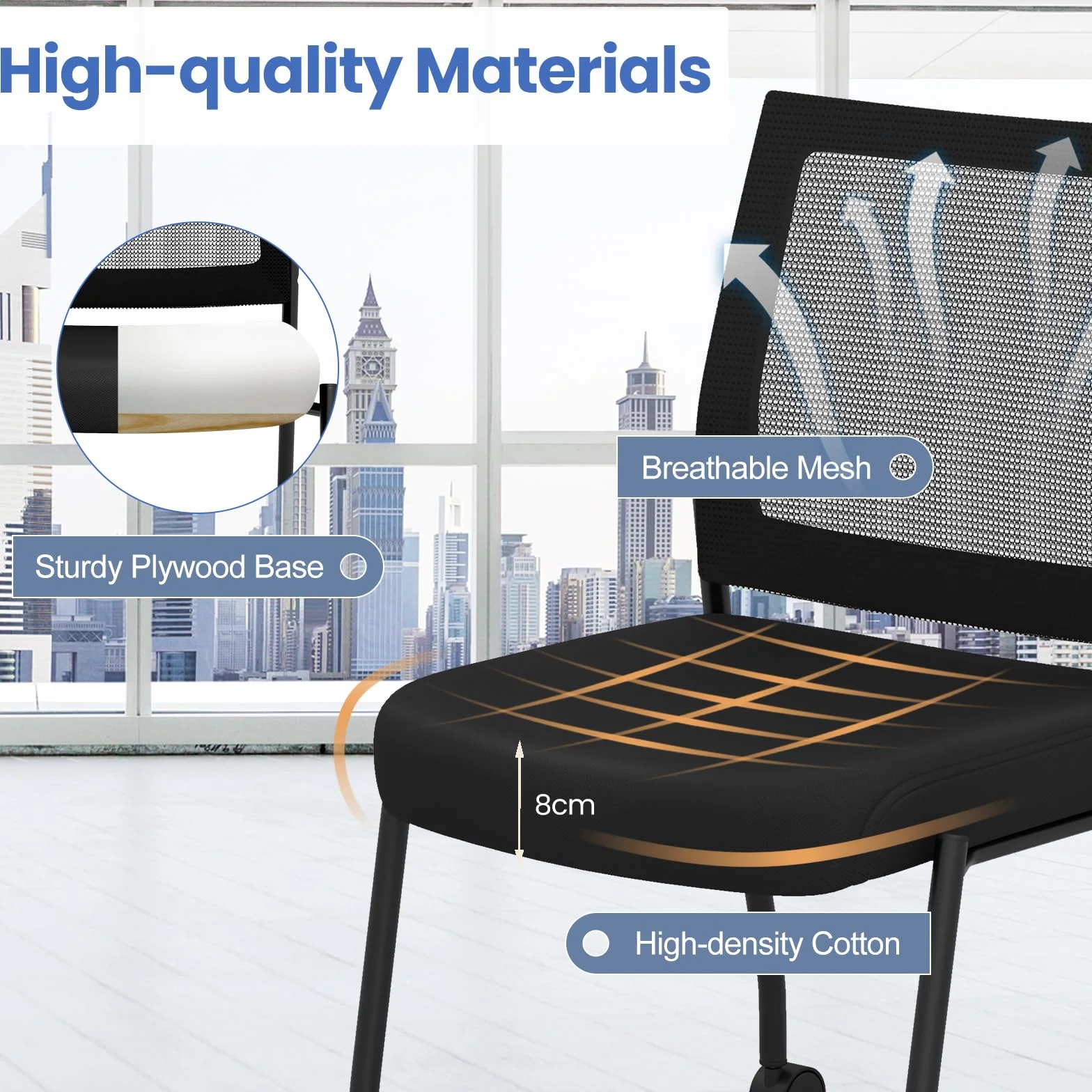 HOMASIS Juego de 2 sillas de Conferencia con Ruedas, Silla de Visita apilable con Rejilla, Silla de Oficina ergonómica con Respaldo, Silla apilable para Oficina, Conferencia, Negro (Sin reposabrazos)