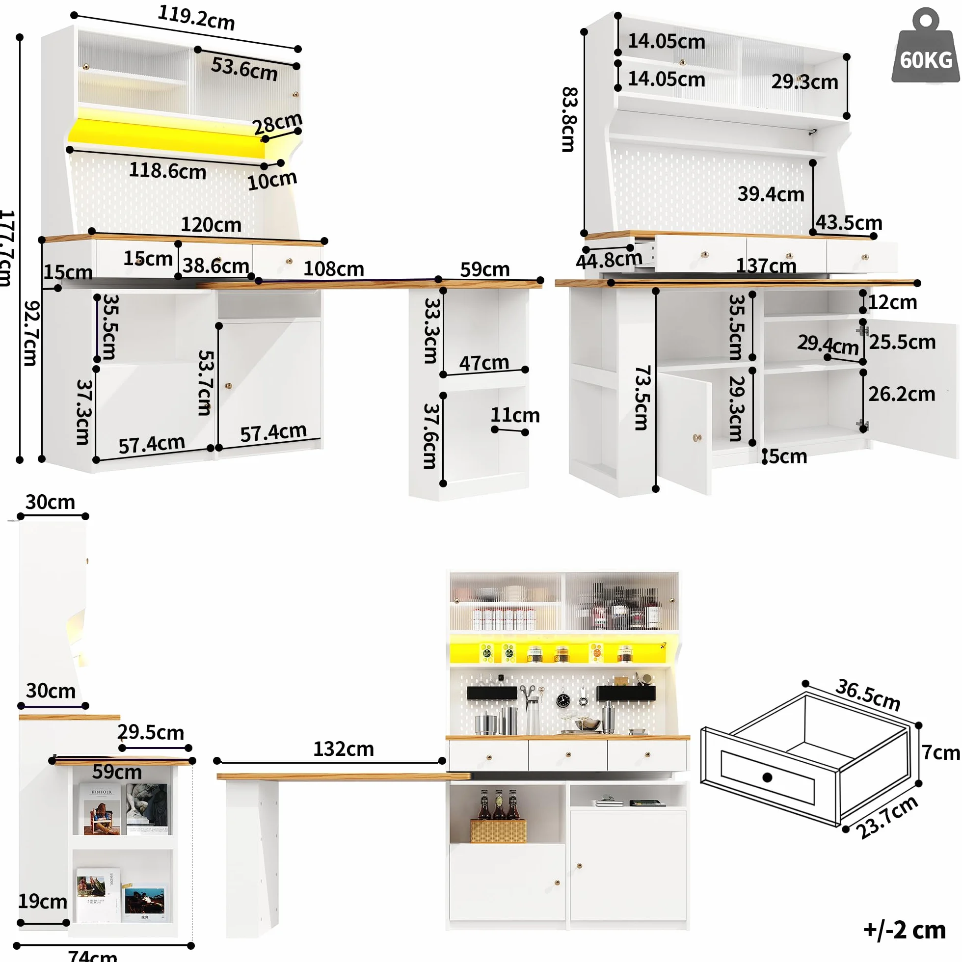 Moimhear Armario de cocina (137x45x178 cm), buffet de cocina alto, buffet multiusos, armario de mesa, armario de almacenamiento con dos puertas y tres cajones, blanco+madera