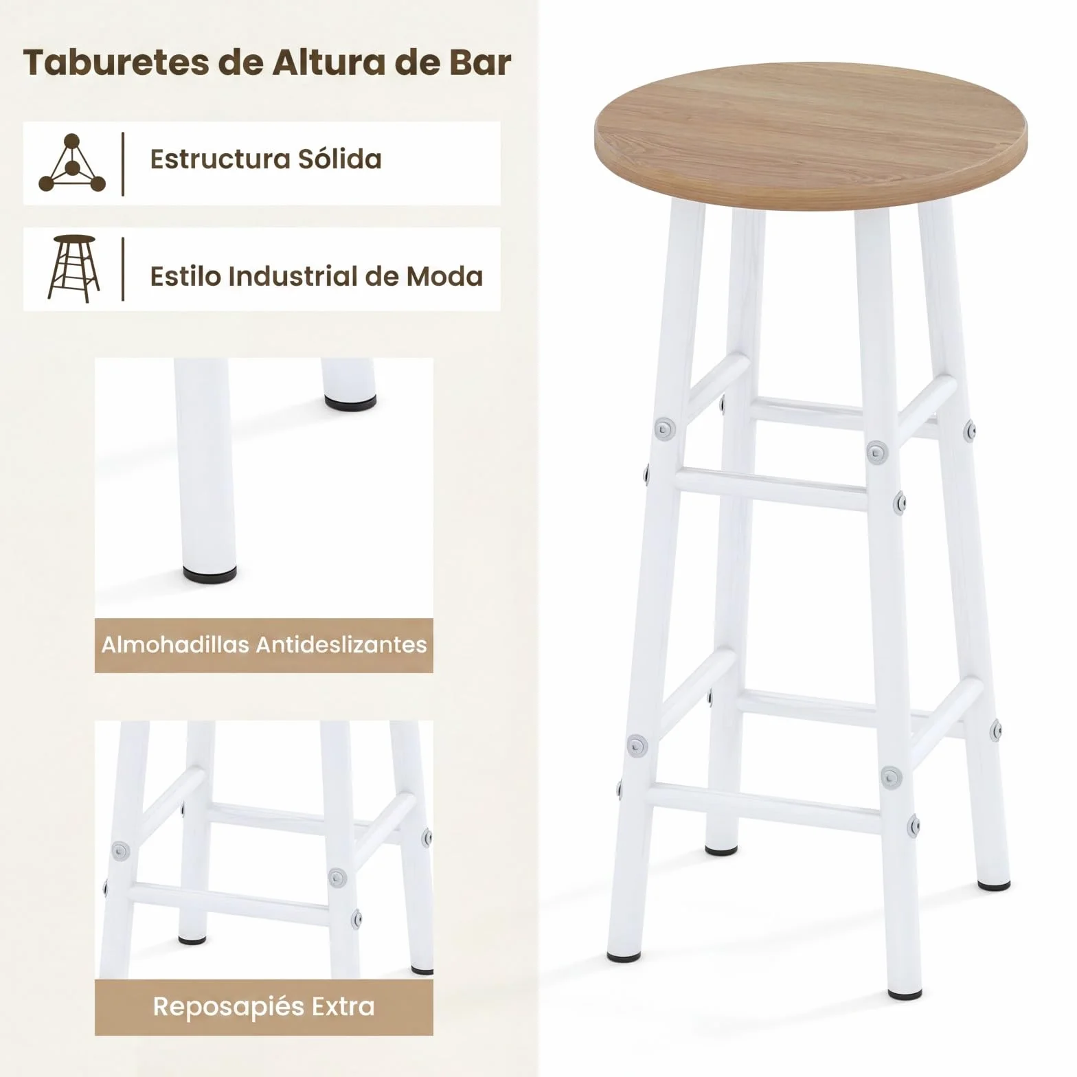 COSTWAY Juego de 3 Piezas Mesa y Sillas de Bar, Mesa y Taburetes Industriales con Soportes para Copas de Vino y Estantes para 6 Botellas de Vino, Juego de Mesa para Comedor Cocina (Natural)