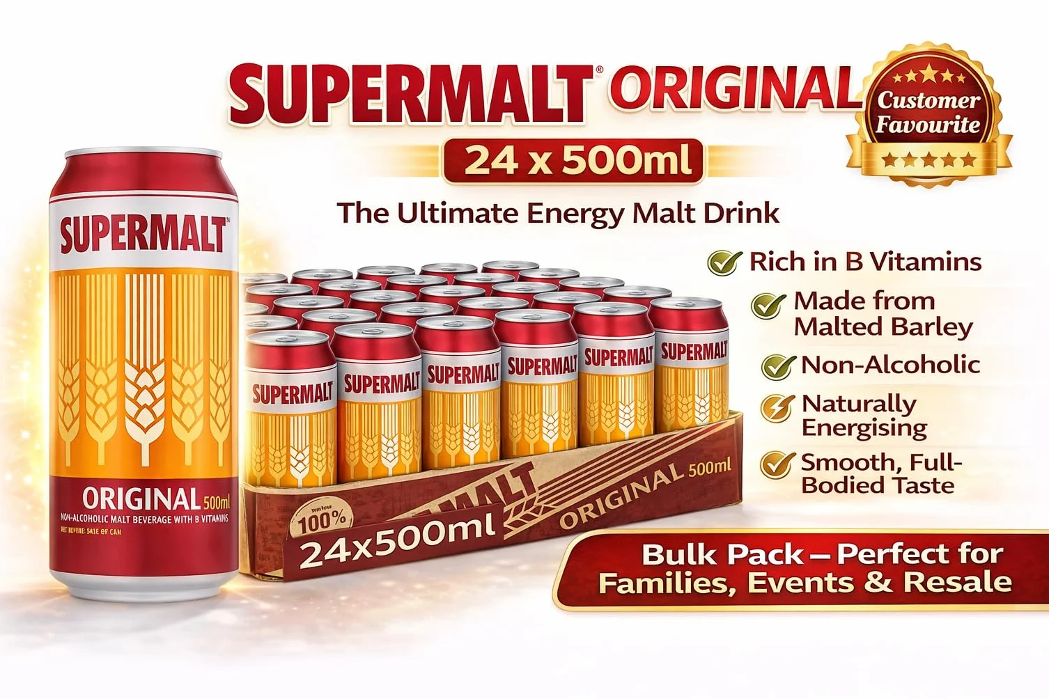 Supermalt Bebida de Malta Vegana Sin Alcohol Original Vitaminas B 4 x 330 ml Paquete de 6