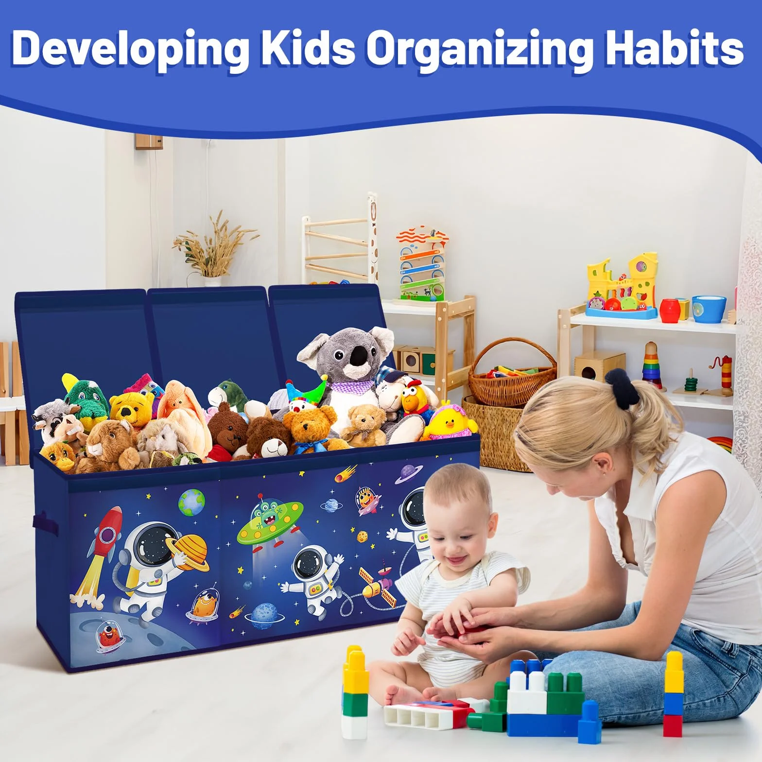 Caja de Almacenaje Juguetes,Baúl de Juguetes Infantil Plegables Grandes con Tapas y Asas para Niños Niñas, Dormitorio, Sala de Juegos, Guardería, Astronauta