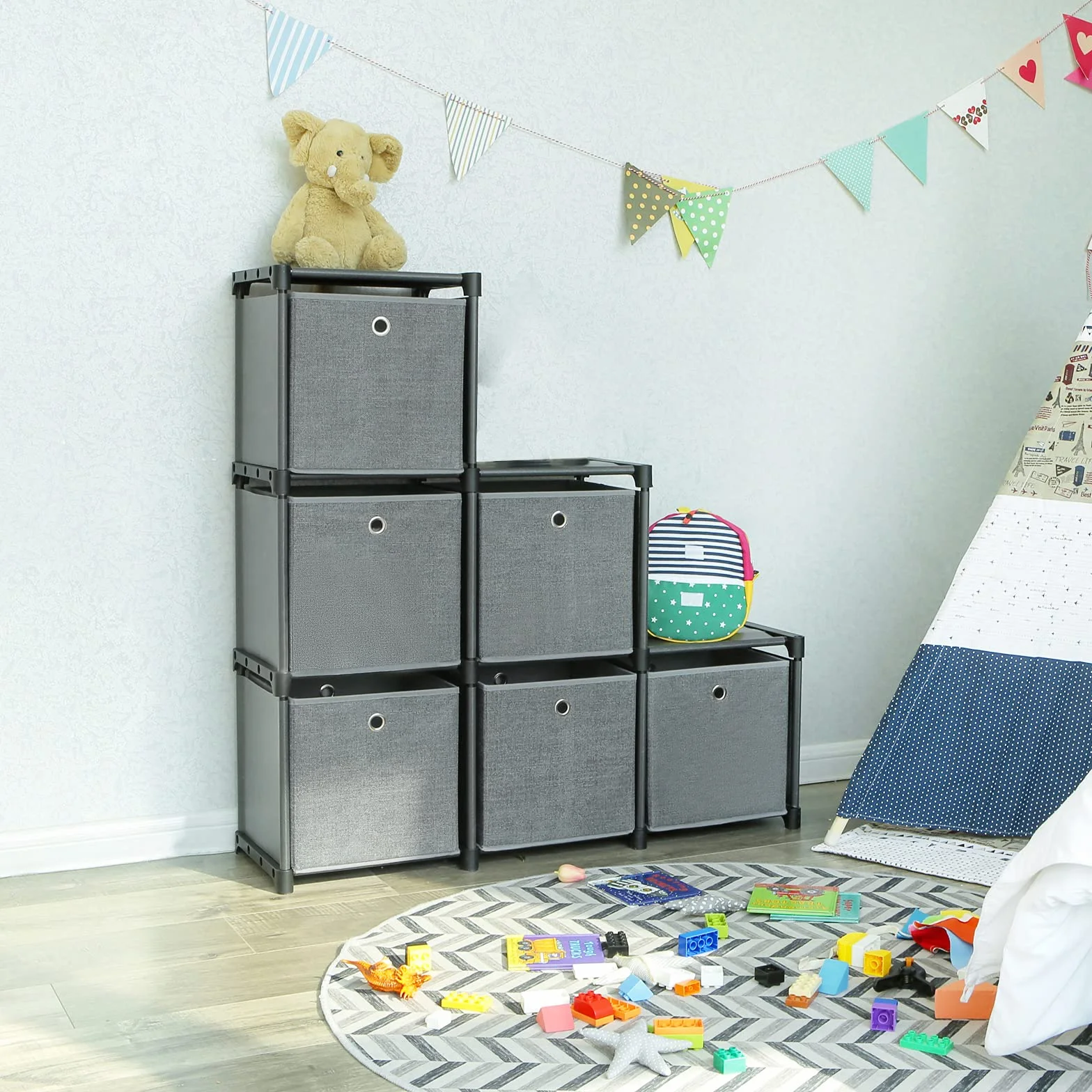 SONGMICS Estantería de 6 Cubos con Cajas de Tela, Organizador Multiusos, Metal, 30 x 105 x 105 cm, Negro LSN66BK